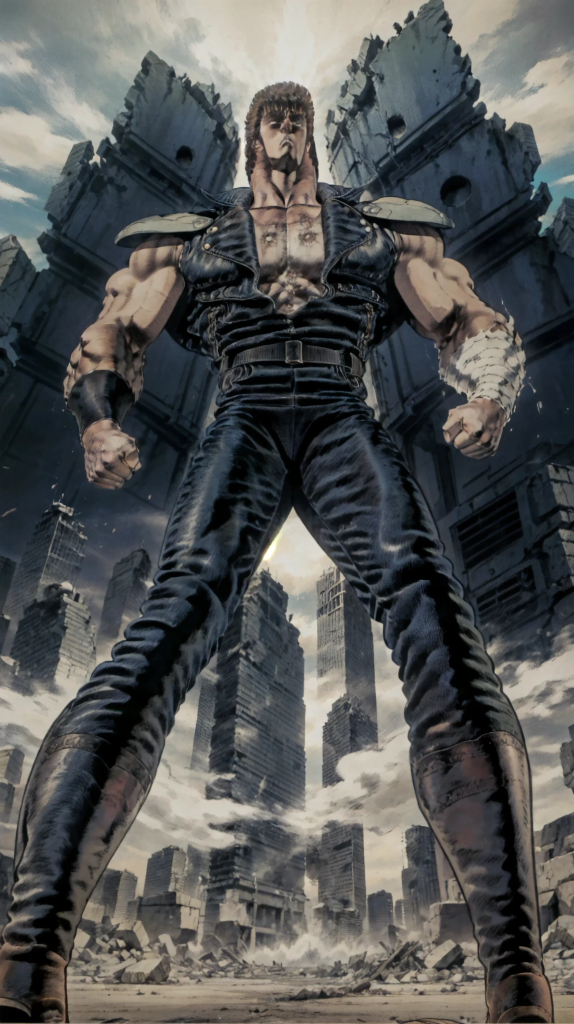 Best Quality、Detailed skin depiction、Detailed facial expressions、Realistic skin texture、Beautiful photos、Kenshiro from Fist of the North Star、Upper body image、Angry face、Generates shock waves from inside the body, knocking clothes off、The moment my leather jacket got torn、Torn red undershirt、The moment his torn leather jacket was blown off his body、Tighten your armpits、Raise your right fist、Posture to stick out your chest、Eyes Wide Open、Dark leather pants, boots、Create a dynamic and intense atmosphere、An incredible moment、Movie Posters、The image captures the action from the front., Emphasize power and athleticism、Bodybuilder poses、One person image、Outdoors and destroyed buildings