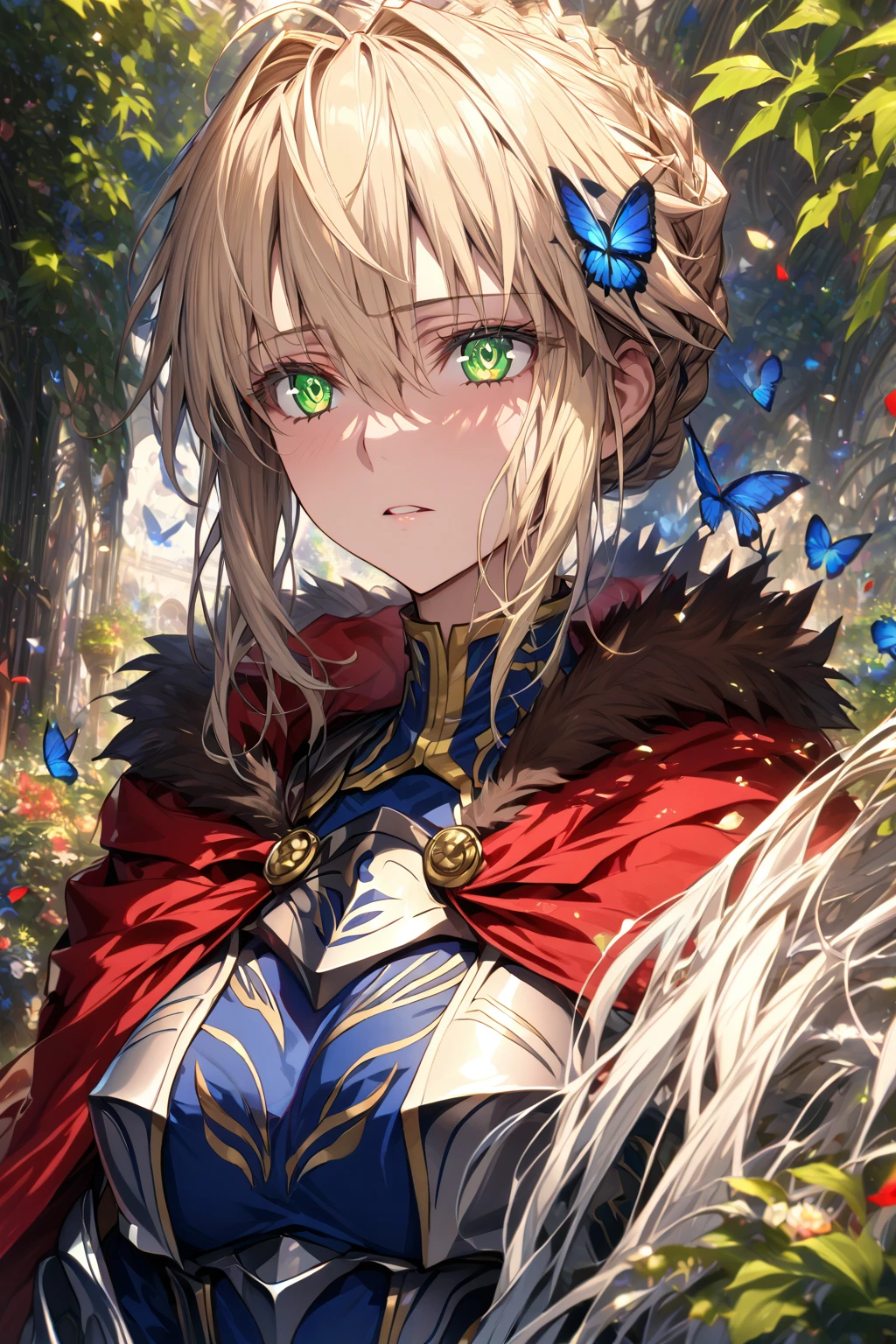 absurdres, highres, ultra detailed, HDR, master piece, Artoria Pendragon, blonde hair, expressive green eyes, woman, best quality, Fate Grand Order, solo, sensual, extremely beautiful, petals, blue clothes, red cape with fur, detailed face, glittering eyes, detailed eyes, garden, green leaves, silver armor, blue butterflies, silver gloves