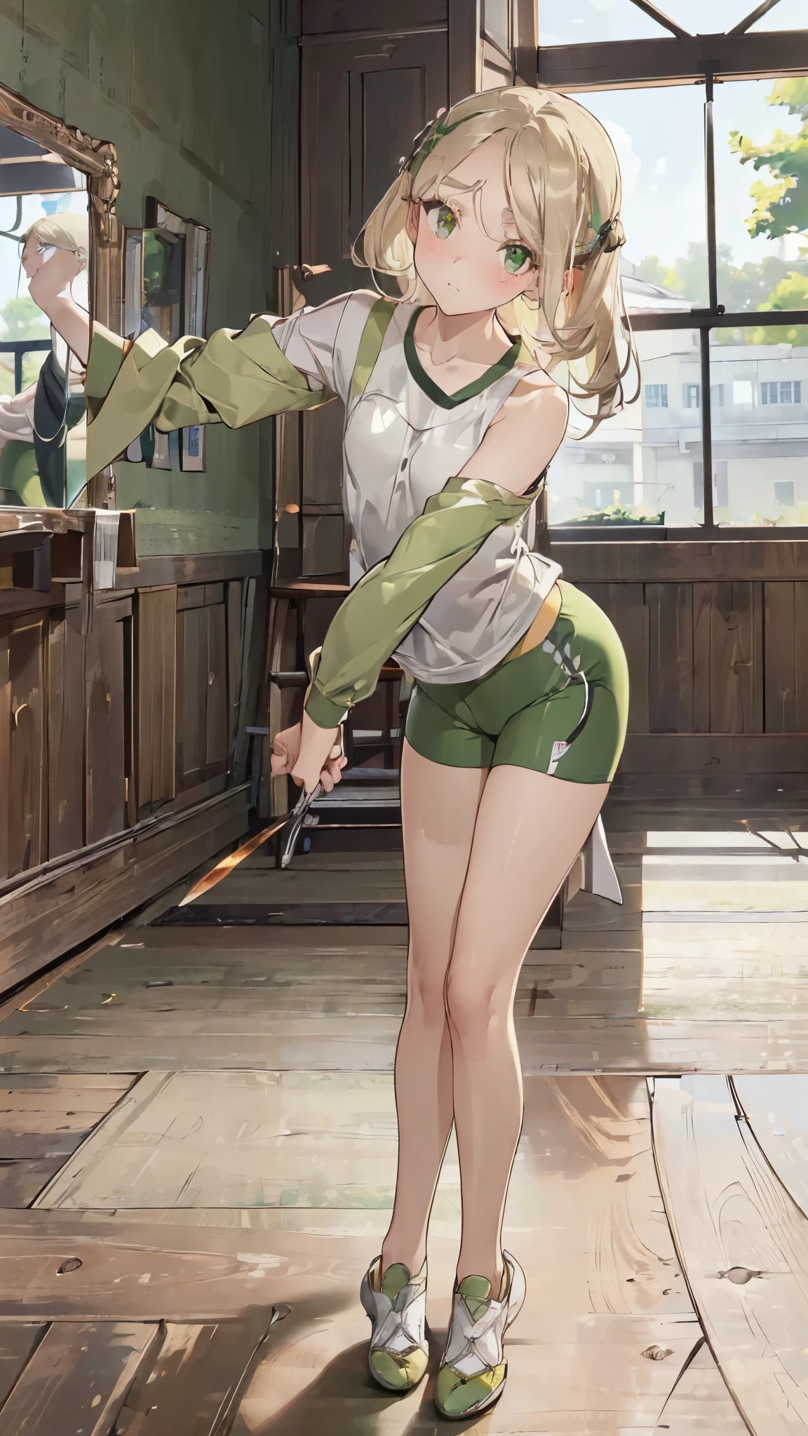 masterpiece, ultra detailed, 8k portrait, RAW photo, portrait photography, Highly detailed face, beautiful and meticulous eyes, (amber color eyes:1.5), (blush:1.5), (tilt one's head:1.5), (leaning forward:1.5), (dance lesson on training room:1.5), indoor, (green half sleeve training wear and green shorts:1.7), cute girl, (platinum blond hair:1.5), (platinum blond colored eyelash:1.5), (medium hair:1.0), (parted bangs:1.5), (hairpin1.5), (sleepy face:1.0), young girl, 1girl, beauty girl, pretty girl, 159cm, 41kg, (skinny:1.7), 