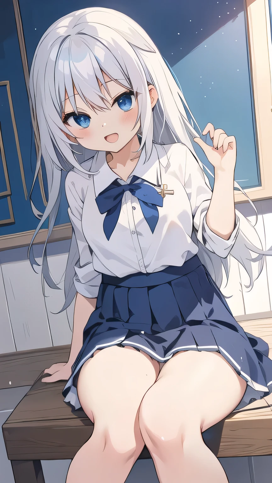 cute girl, アニメ, silver hair, straight hair, Blue eyes, (young:0.9), (small bust:0.5), (cute:1.3), (middle bust:0.8), (cute girl:1.2), cowboy shot, cute, side shot, (Smail:1.3), open mouth, backwards, white school uniform, (dark blue skirt:1.4), (ローアングル:1.5), close eyes, (cross legs:1.3), (seduce:1.4), (no panties:1.3), sit down