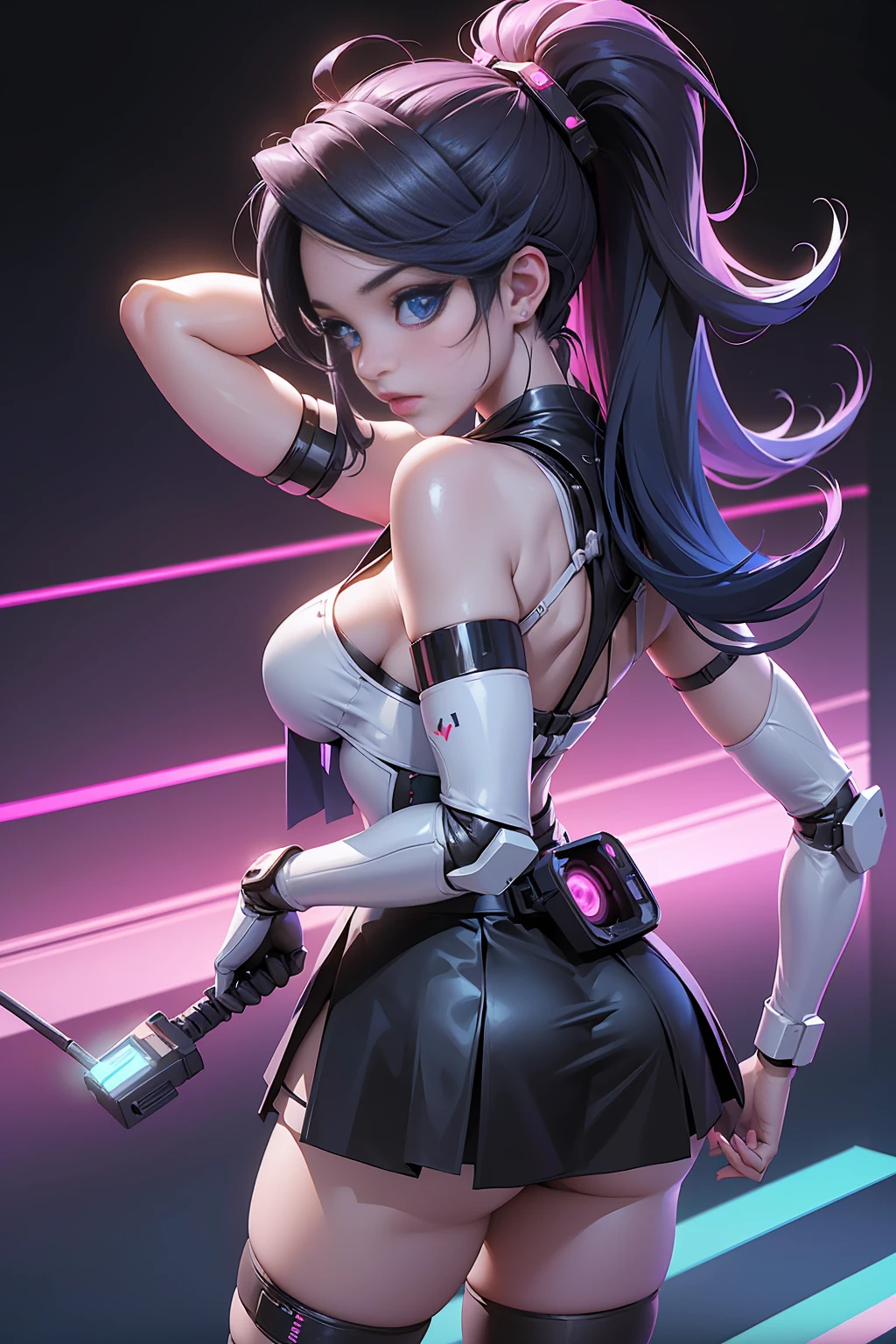 (rear view, backside view),Ariana Grande cyborg, Cybersamurai, naked, Long hair, blue eyes, black hair, big breasts, neckline, wide thighs, Science-Fiction, ciborg:1.4, cyberpunk,( black background shines: 1.25),More detailed 8K.Unreal Engine:1.4,UHD,La best quality:1.4, photorealistic:1.4, skin texture:1.4, masterpiece:1.8,masterpiece, best quality,object Object], (detailed face features:1.3),(beautiful blue eyes :1.4 ),(Perfect anatomy),lingerie sexy pink,(Cybersamurai white:1.4),(Tokyo city background cyberpunkAI colors:1.4) ,(convex Detailed fingers), (  cyborg),(Masterpiece:1.2), (best quality:1.2),(Masterpiece:1.2), (best quality:1.2),(miniskirt ciborg:1.4), (panties cyborg), (background laboratory station chemical:1.4) 