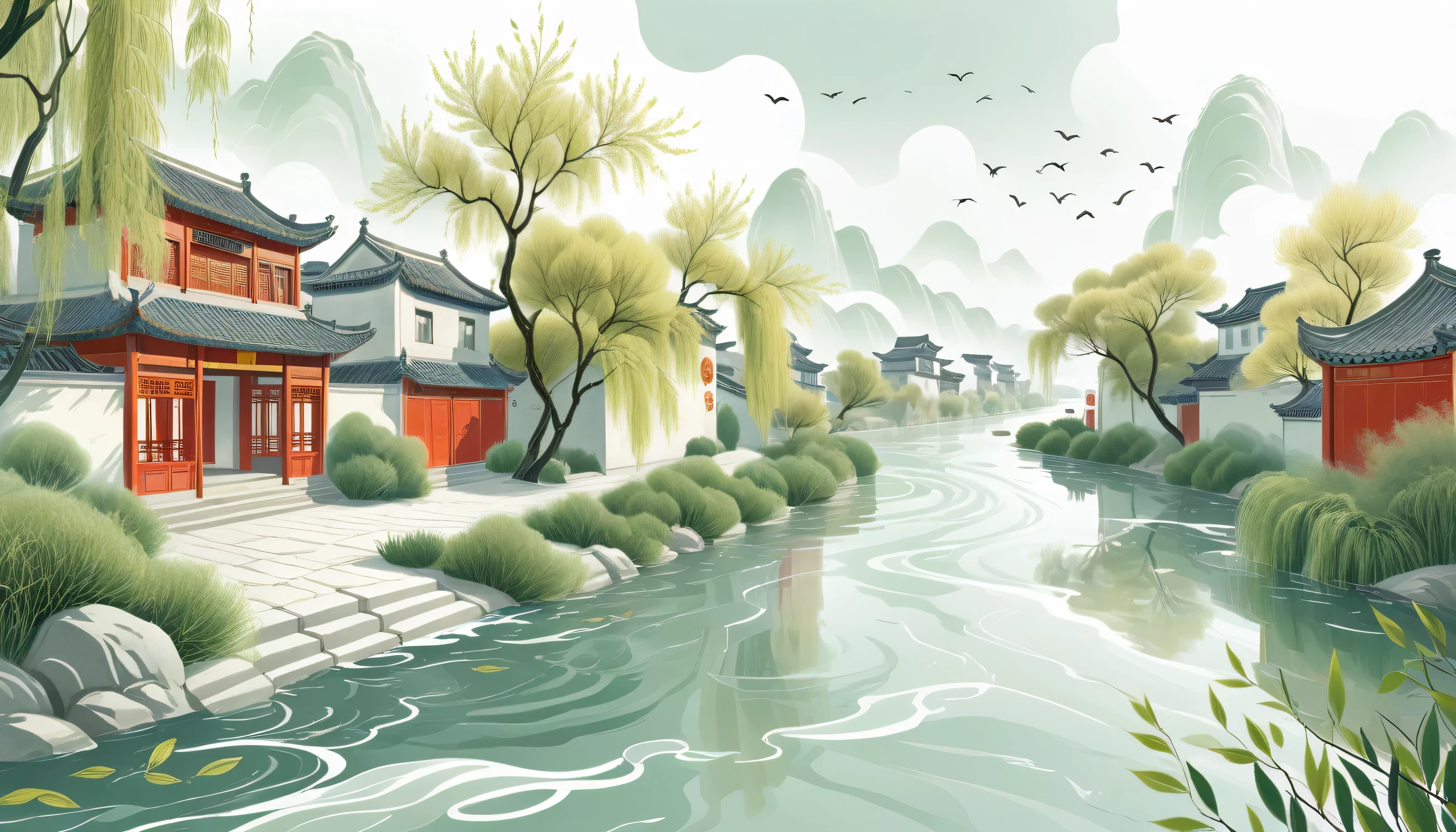 Looking up，Chinese streets，River Water，Willow，Mainly line illustrations，Simple and Flat