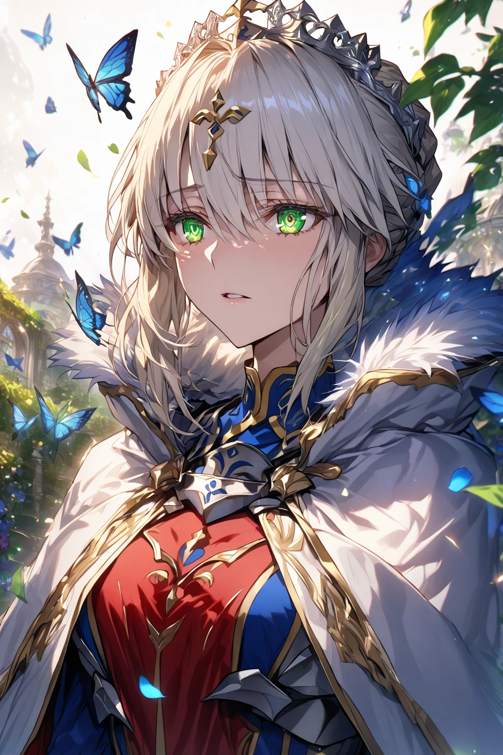 absurdres, highres, ultra detailed, HDR, master piece, Artoria Pendragon, blonde hair, expressive green eyes, woman, best quality, Fate Grand Order, solo, sensual, extremely beautiful, petals, blue clothes, red cape with fur, detailed face, glittering eyes, detailed eyes, garden, green leaves, silver armor, blue butterflies, silver gloves