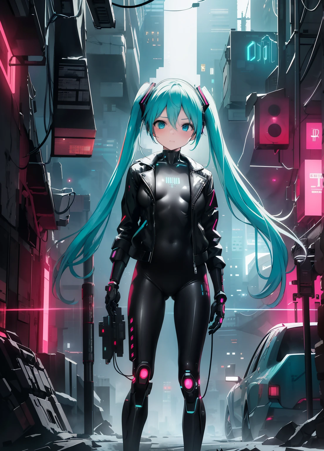 (masterpiece、Best Quality、Best Quality、Official Art、Beautiful and beautiful:1.2)、(One person:1.3)Hatsune Miku、Twin tails,Beautiful breasts,Characters with cyberpunk-style mechanized body parts stand out.. The transparent skin allows you to see the circuits and cables, His eyes light up with colorful LEDs. Limbs are a mixture of flesh and metal, Equipped with advanced prosthetics and cybernetic interfaces. Wearing a black leather jacket, This figure is striking、Set in a dystopian city filled with crumbling skyscrapers。. This image represents the fusion of man and machine in a cyberpunk future world.。