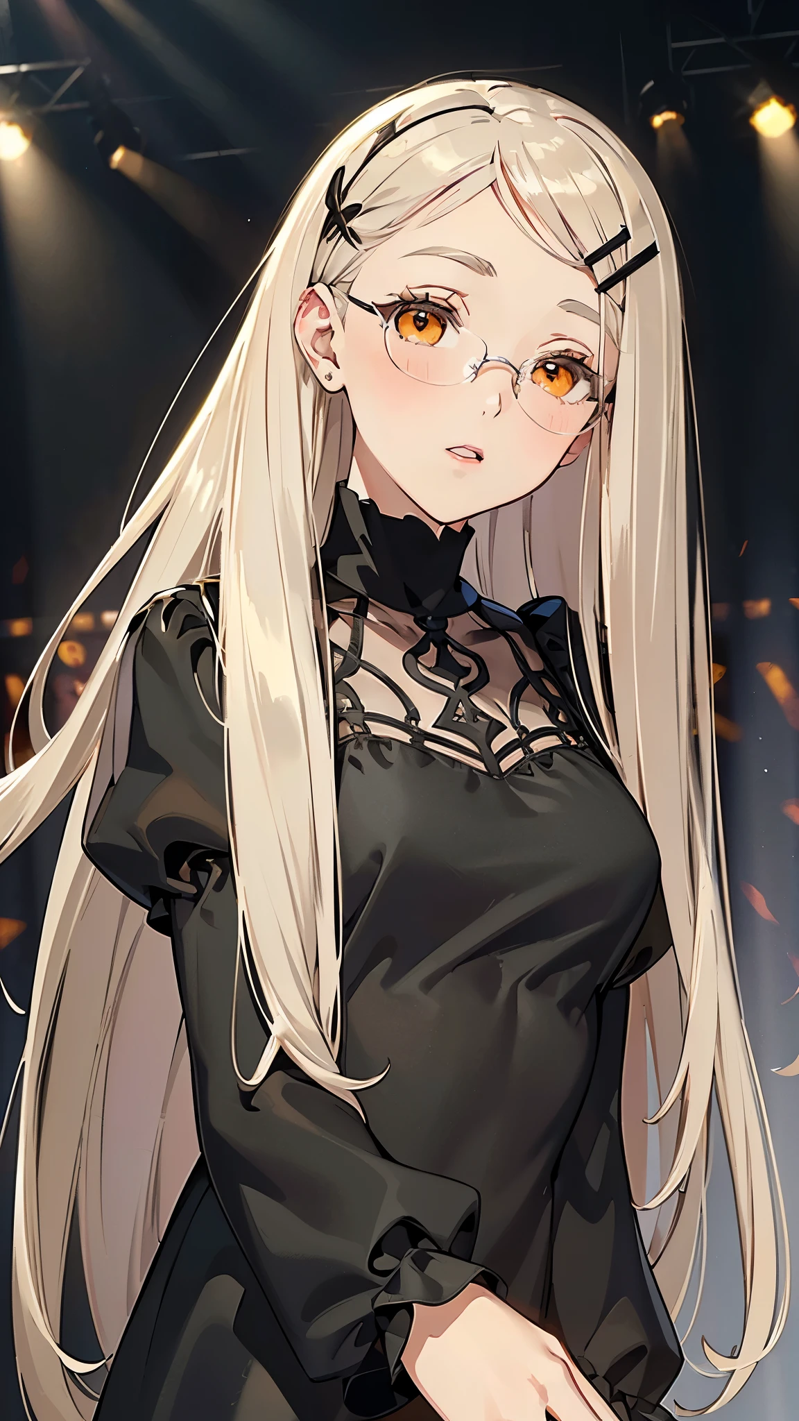 masterpiece, ultra detailed, 8k portrait, RAW photo, portrait photography, Highly detailed face, beautiful and meticulous eyes, (amber color eyes:1.5), (Glasses:1.2), (blush:1.5), (tilt one's head:1.5), (singing on stage by the audience:1.5), outdoor, (black puffy sleeve dress:1.7), cute girl, (platinum blond hair:1.5), (platinum blond colored eyelash:1.5), (medium hair:1.0), (parted bangs:1.5), (hairpin1.5), (sleepy face:1.0), (smile:.2), young girl, 1girl, beauty girl, pretty girl, 159cm, 41kg, (skinny:1.5), 