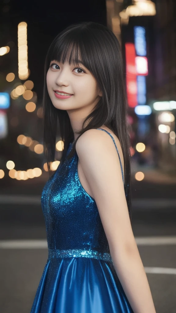 1girl,(wearing a blue glittery evening dress:1.2),(RAW photo, best quality), (realistic, photo-realistic:1.4), masterpiece, an extremely delicate and beautiful, extremely detailed, 2k wallpaper, Amazing, finely detail, extremely detailed CG unity 8k wallpaper, ultra-detailed, highres, soft light, beautiful detailed girl, extremely detailed eyes and face, beautiful detailed nose, beautiful detailed eyes,cinematic lighting,city lights at night,perfect anatomy,slender body,light smile,close up,(long hair with bangs), front view, (medium body shot)