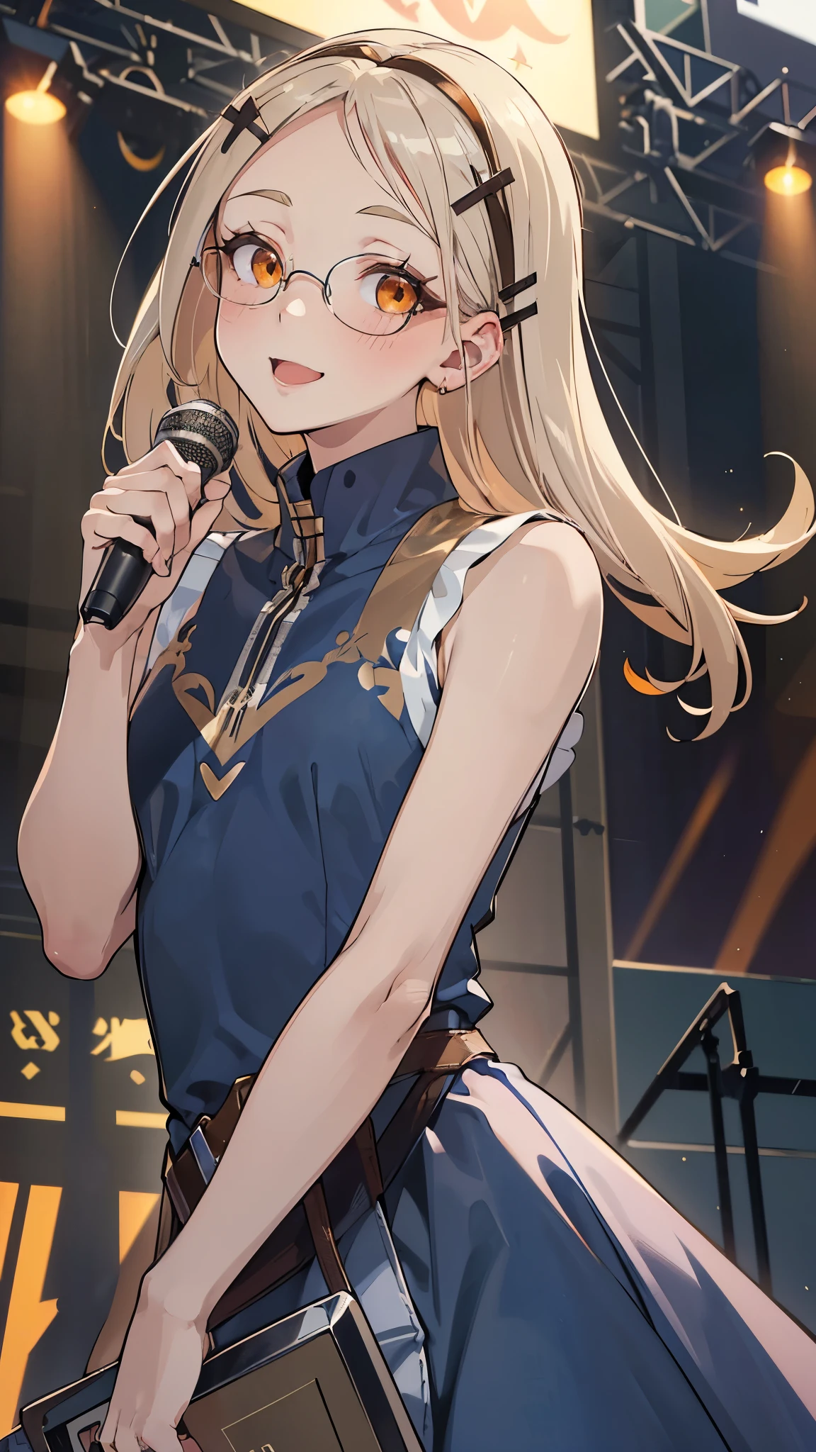 masterpiece, ultra detailed, 8k portrait, RAW photo, portrait photography, Highly detailed face, beautiful and meticulous eyes, (amber color eyes:1.5), (Glasses:1.2), (blush:1.5), (tilt one's head:1.5), (singing on stage by the audience:1.5), outdoor, (blue sleeveless dress:1.7), cute girl, (platinum blond hair:1.5), (platinum blond colored eyelash:1.5), (medium hair:1.0), (parted bangs:1.5), (hairpin1.5), (sleepy face:1.0), (smile:1.0), young girl, 1girl, beauty girl, pretty girl, 159cm, 41kg, (skinny:1.5), 