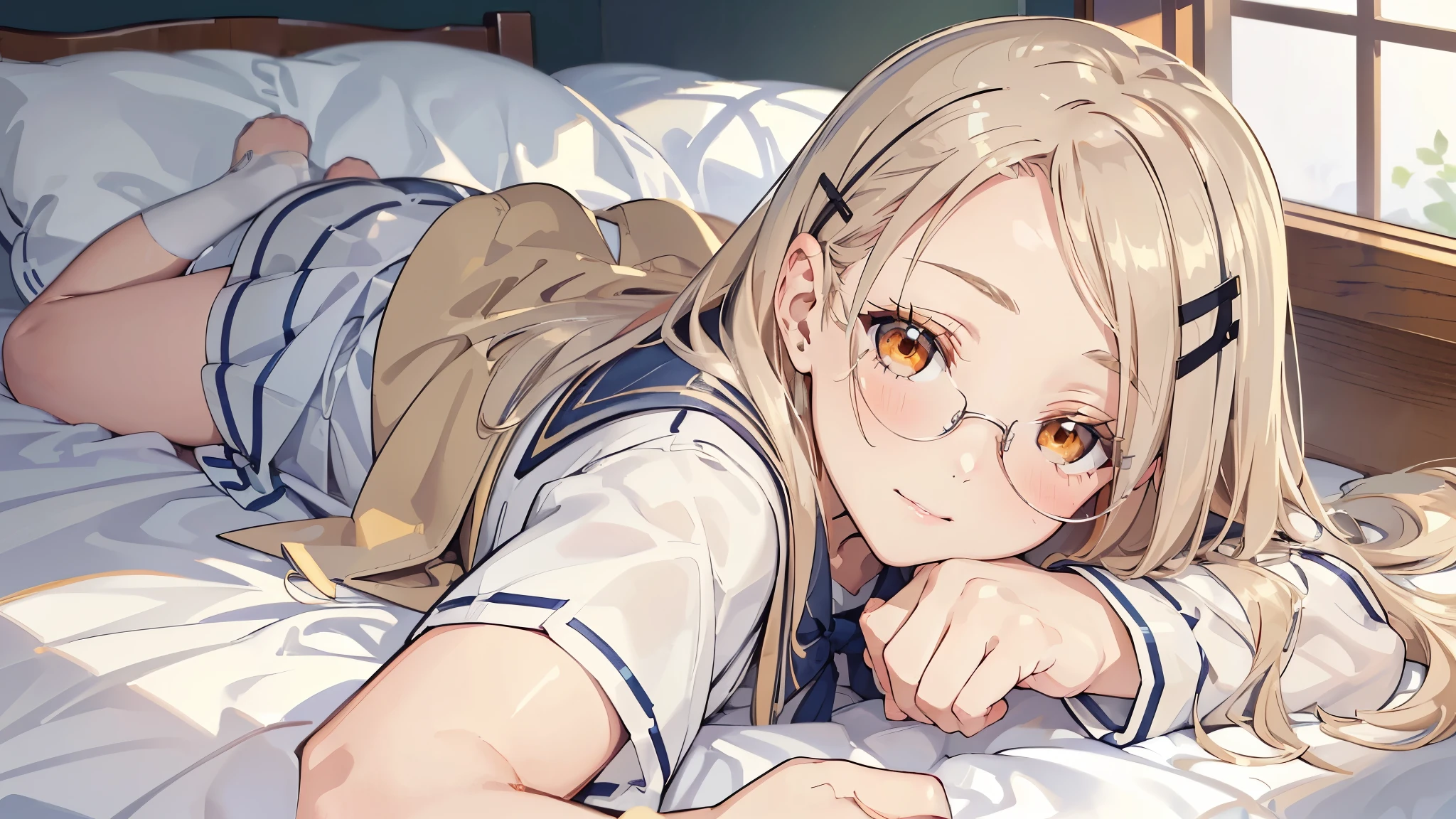 masterpiece, ultra detailed, 8k portrait, RAW photo, portrait photography, Highly detailed face, beautiful and meticulous eyes, (amber color eyes:1.5), (Glasses:1.2), (blush:1.5), (tilt one's head:1.5), (lie down on bed:1.5), outdoor, half sleeves shirt, (full blue school uniform:1.7), cute girl, (platinum blond hair:1.5), (platinum blond colored eyelash:1.5), (medium hair:1.0), (parted bangs:1.5), (hairpin1.5), (sleepy face:1.0), young girl, 1girl, beauty girl, pretty girl, 159cm, 41kg, (skinny:1.5), 