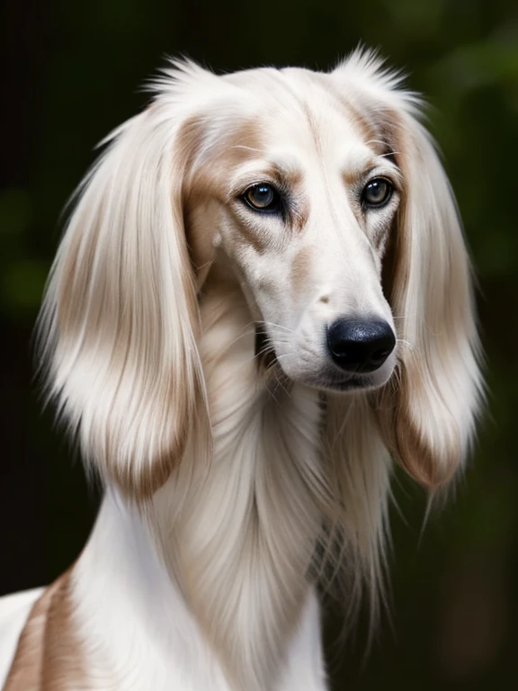 (masterpiece, best quality:1.2), saluki, closeup, perfect eyes, white saluki looking to the side, blue eyes, portrait, solo, blurred background