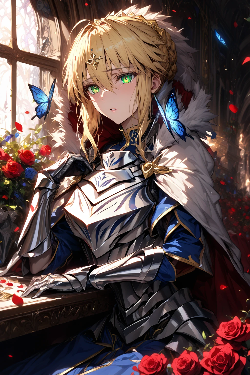 absurdres, highres, ultra detailed, HDR, master piece, Artoria Pendragon, blonde hair, expressive green eyes, woman sitting, best quality, Fate Grand Order, solo, sensual, extremely beautiful, petals, blue clothes, white cape with fur, detailed face, glittering eyes, detailed eyes, window, red roses, silver armor, blue butterflies, silver gloves