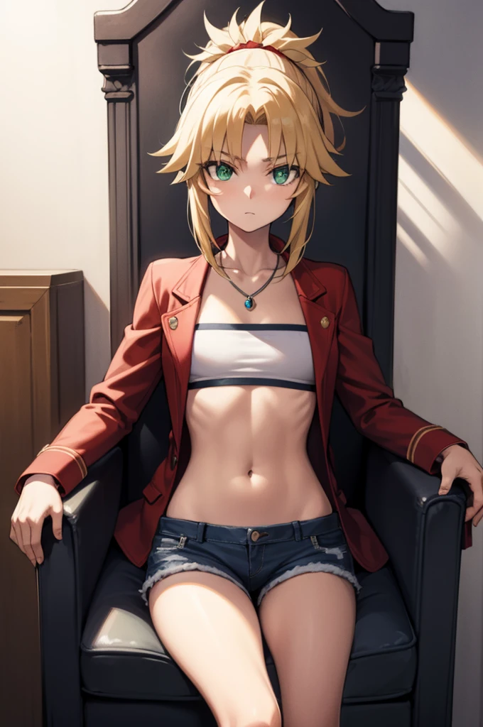 modred, (green eyes:1.5), ponytail, short hair red scrunchie, hair scrunchie, (small breast:1.2), BREAK blonde hair, denim shorts, jewelry, midriff, navel, necklace, red jacket, short shorts, shorts, tube top, white top, BREAK looking at viewer, BREAK outdoors, BREAK (masterpiece:1.2), best quality, high resolution, unity 8k wallpaper, (illustration:0.8), (beautiful detailed eyes:1.6), extremely detailed face, perfect lighting, extremely detailed CG, (perfect hands, perfect anatomy), (castle), (luxurious throne room), on the luxurious throne, sitting