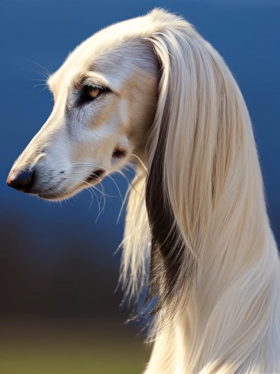 (masterpiece, best quality:1.2), saluki, closeup, perfect eyes, white saluki looking to the side, blue eyes, portrait, side profile, solo, blurred background