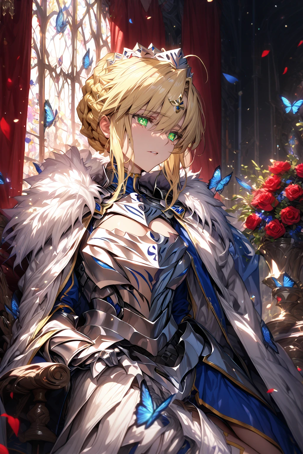 absurdres, highres, ultra detailed, HDR, master piece, Artoria Pendragon, blonde hair, expressive green eyes, woman sitting, best quality, Fate Grand Order, solo, sensual, extremely beautiful, petals, blue clothes, white cape with fur, detailed face, glittering eyes, detailed eyes, window, red roses, silver armor, blue butterflies, silver gloves