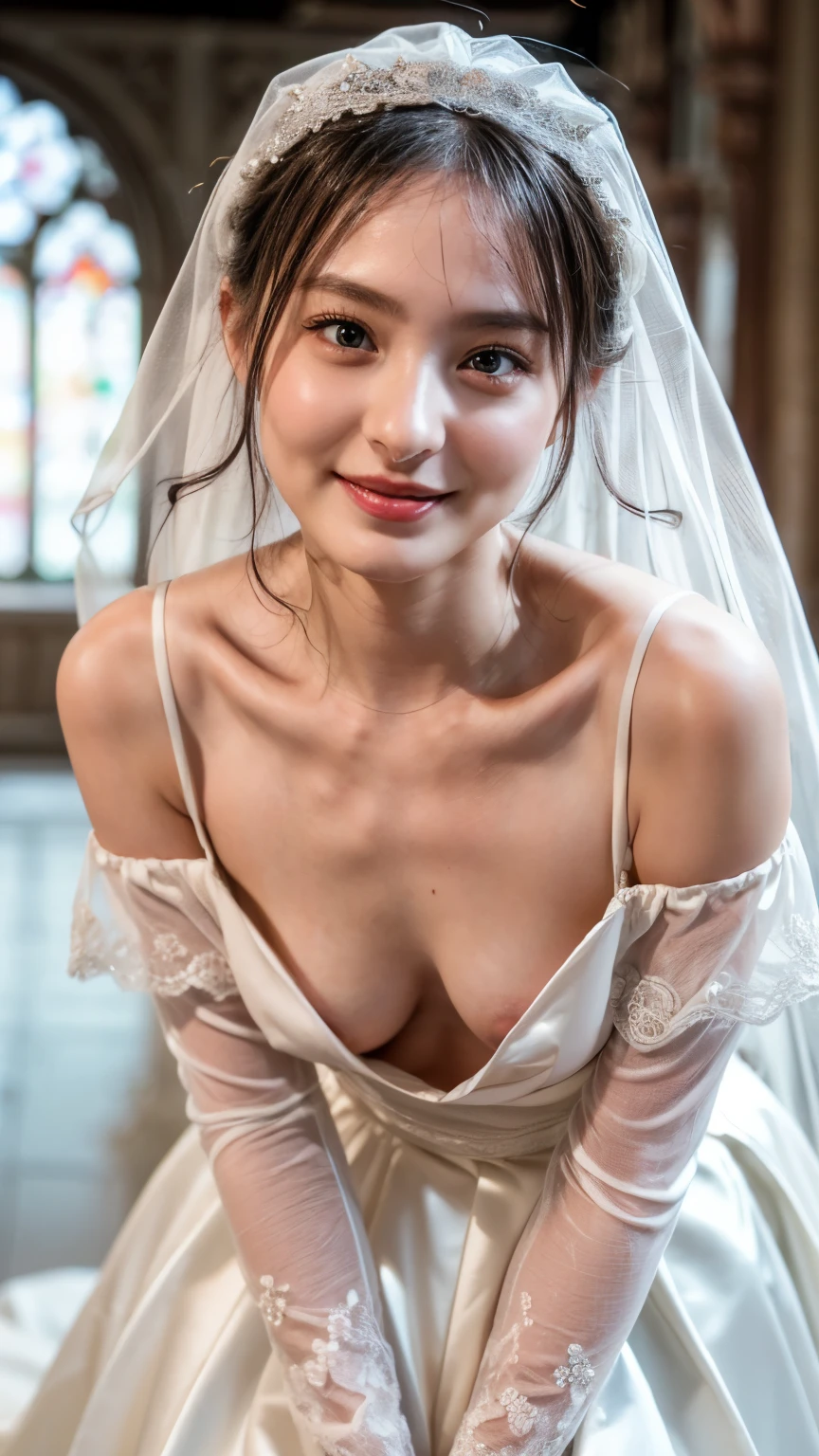 (8k,RAW Photos,Best Quality,masterpiece:1.2),(Realistic, photo-realistic),1girl,((Off-the-shoulder wedding dresses,Veil,Chapel)),View from the front,smile,Looking at the camera ,Leaning forward,(tiny breasts,downblouse,nipple slip:1.2), (detailed face, detailed eyes, sophisticated nose, beautiful pupils),