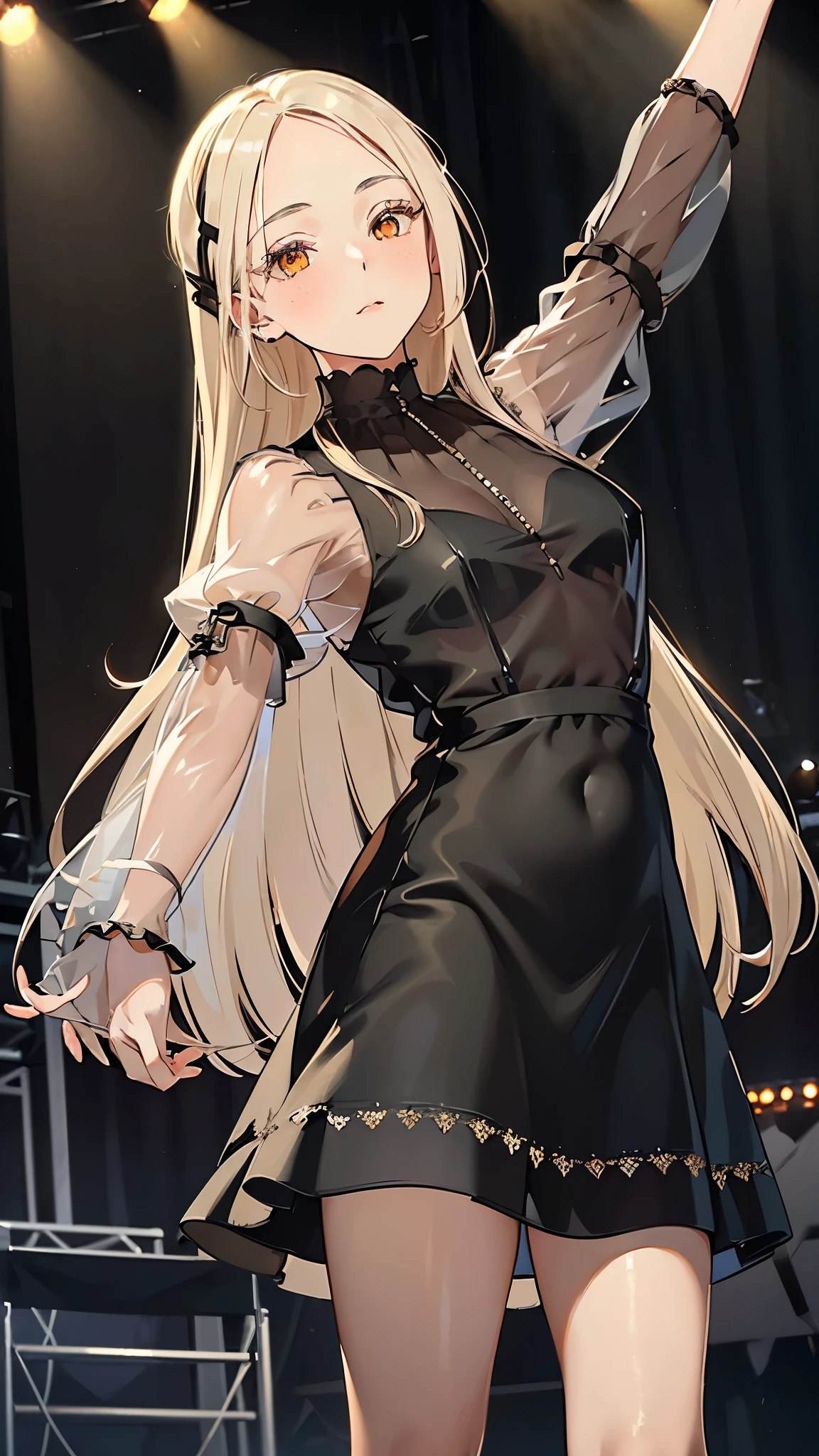 masterpiece, ultra detailed, 8k portrait, RAW photo, portrait photography, Highly detailed face, beautiful and meticulous eyes, (amber color eyes:1.5), (blush:1.5), (tilt one's head:1.5), (dancing on stage by the audience:1.5), outdoor, (black puffy sleeve :1.7), cute girl, (platinum blond hair:1.5), (platinum blond colored eyelash:1.5), (medium hair:1.0), (parted bangs:1.5), (hairpin1.5), (sleepy face:1.0), (smile:.2), young girl, 1girl, beauty girl, pretty girl, 159cm, 41kg, (skinny:1.5), 