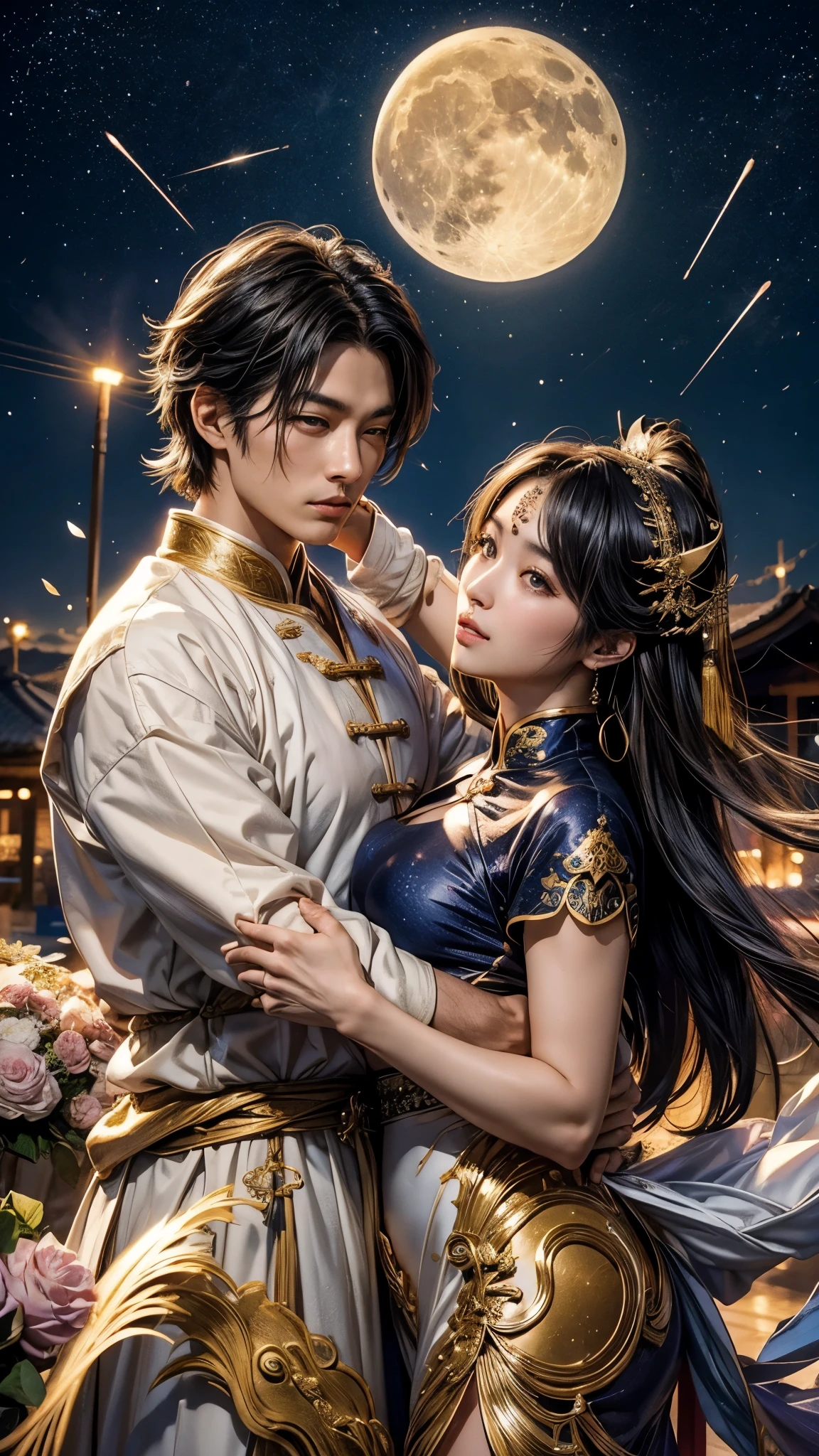 yae miko, genshin, hugged with young man, Cao Cao, bonitas, stark