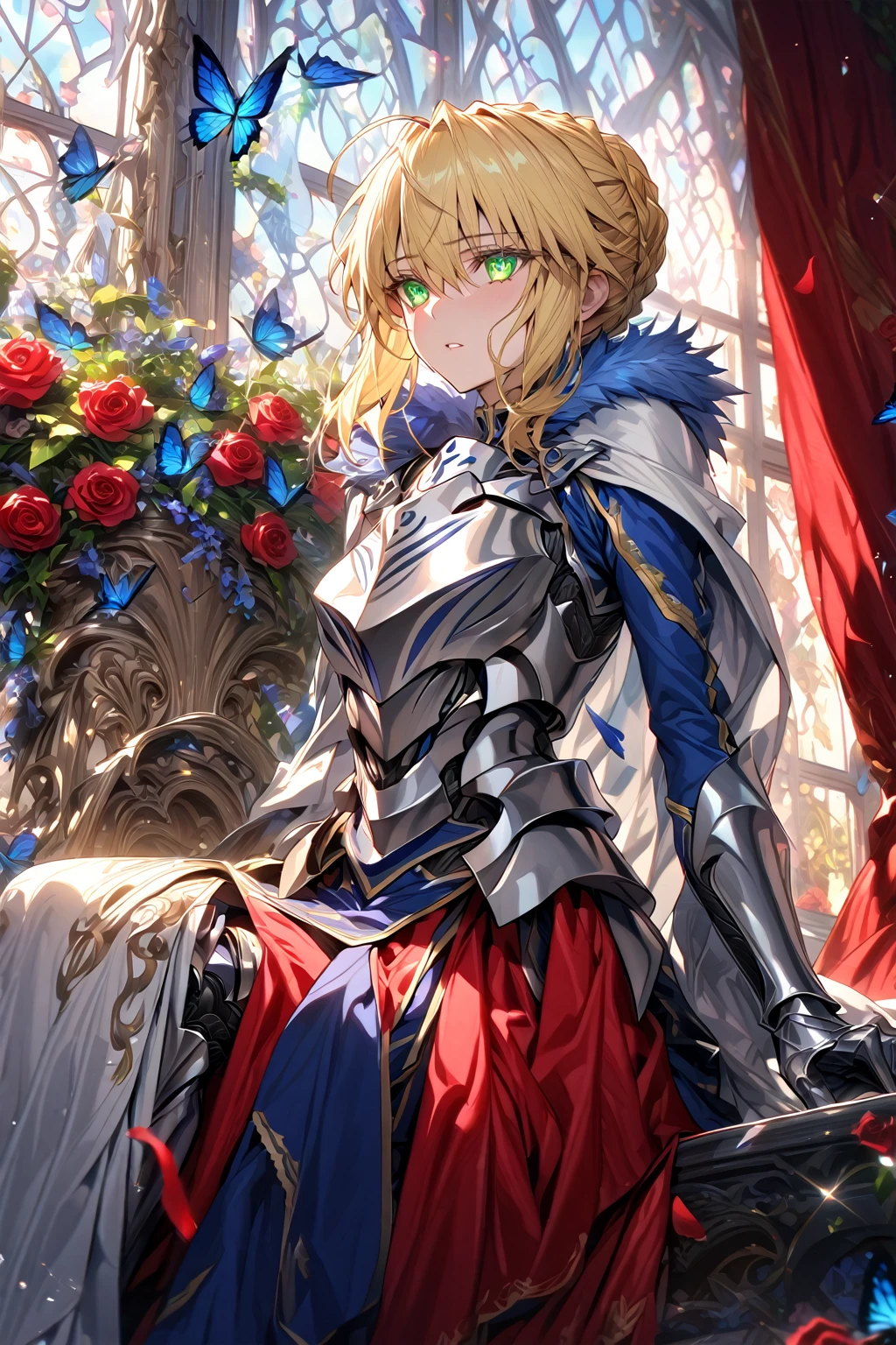 absurdres, highres, ultra detailed, HDR, master piece, Artoria Pendragon, blonde hair, expressive green eyes, woman sitting, best quality, Fate Grand Order, solo, sensual, extremely beautiful, petals, blue clothes, white cape with fur, detailed face, glittering eyes, detailed eyes, window, red roses, silver armor, blue butterflies, silver gloves