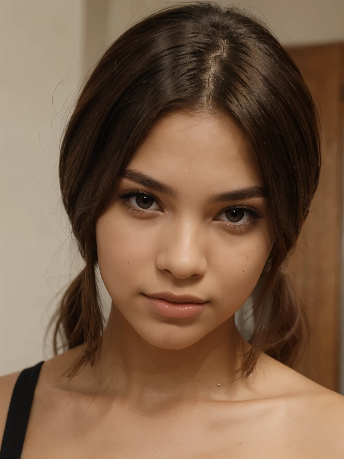 A blushing, makeup free, bright eyed, tan girl, brown hair up in a clip, in a white tube top, up close, black background