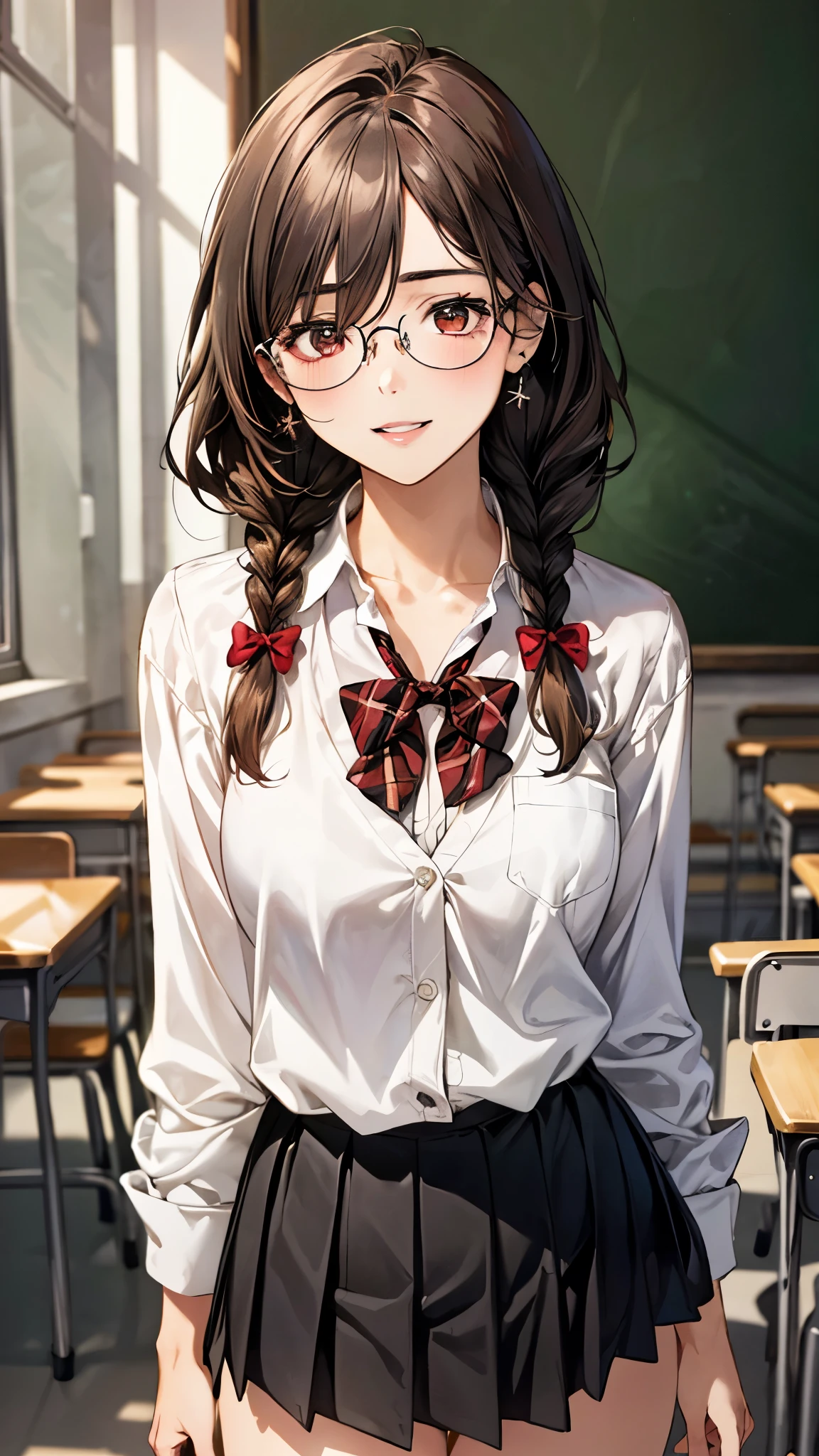 (masterpiece:1.3, top-quality, ultra high res, ultra detailed), (realistic, photorealistic:1.4), beautiful illustration, perfect lighting, natural lighting, colorful, depth of fields, surrealism,
beautiful detailed hair, beautiful detailed face, beautiful detailed eyes, beautiful clavicle, beautiful body, beautiful chest, beautiful thigh, beautiful legs, beautiful fingers, shiny skin,
looking at viewer, 1 girl, japanese, high school girl, (perfect anatomy, anatomically correct, super detailed skin), cute and symmetrical face, babyface, perfect face, perfect eyes,
(middle hair, twin braid, black hair), parted bangs, brown eyes, big eyes, drooping eyes, round glasses, long eyelashes, (medium breasts, seductive thighs), slender, outstanding style,
((detailed cloth texture, break,break, white collared shirt, break,break, light brown knit vest, break,break, grey plaid pleated skirt, break,break, red bow tie), break,break, white socks, black loafer),
(beautiful scenery), evening, (park), standing, leaning forward, (arms behind back), (lovely smile, parted lips),