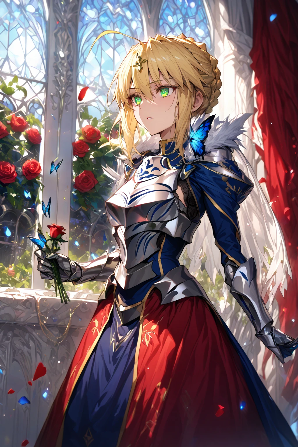 absurdres, highres, ultra detailed, HDR, master piece, Artoria Pendragon, blonde hair, expressive green eyes, woman holding a rose, best quality, Fate Grand Order, solo, sensual, extremely beautiful, petals, blue clothes, white cape with fur, detailed face, glittering eyes, detailed eyes, window, red roses, silver armor, blue butterflies, silver gloves