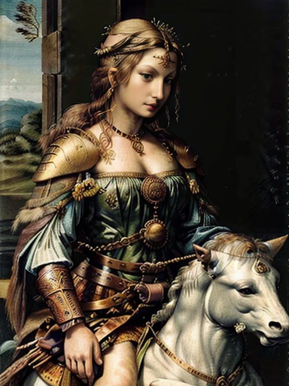 Unpublished paintings by Leonardo da Vinci、Realistic depiction、Detailed description、The background is a battlefield。The model isＢＣIt actually existed in 300、Boudica。She is an intelligent woman with very broad shoulders.、Tall、She had a very beautiful and brave face.。/(Red hair down to her waist、shortage々A sharp voice and a sharp gaze。A painting of a Celtic warrior charging in a chariot/)。For decoration, she always wears a torque and a gold necklace around her neck.、He wore a thick cloak fastened with a colorful tunic brooch.。The decorations were also luxurious, including jewels.。Queen of the Celtic Iceni tribe、Tormenting the Roman Empire。「Battle Queen」を意味したBoudica、((( Boadicea )))