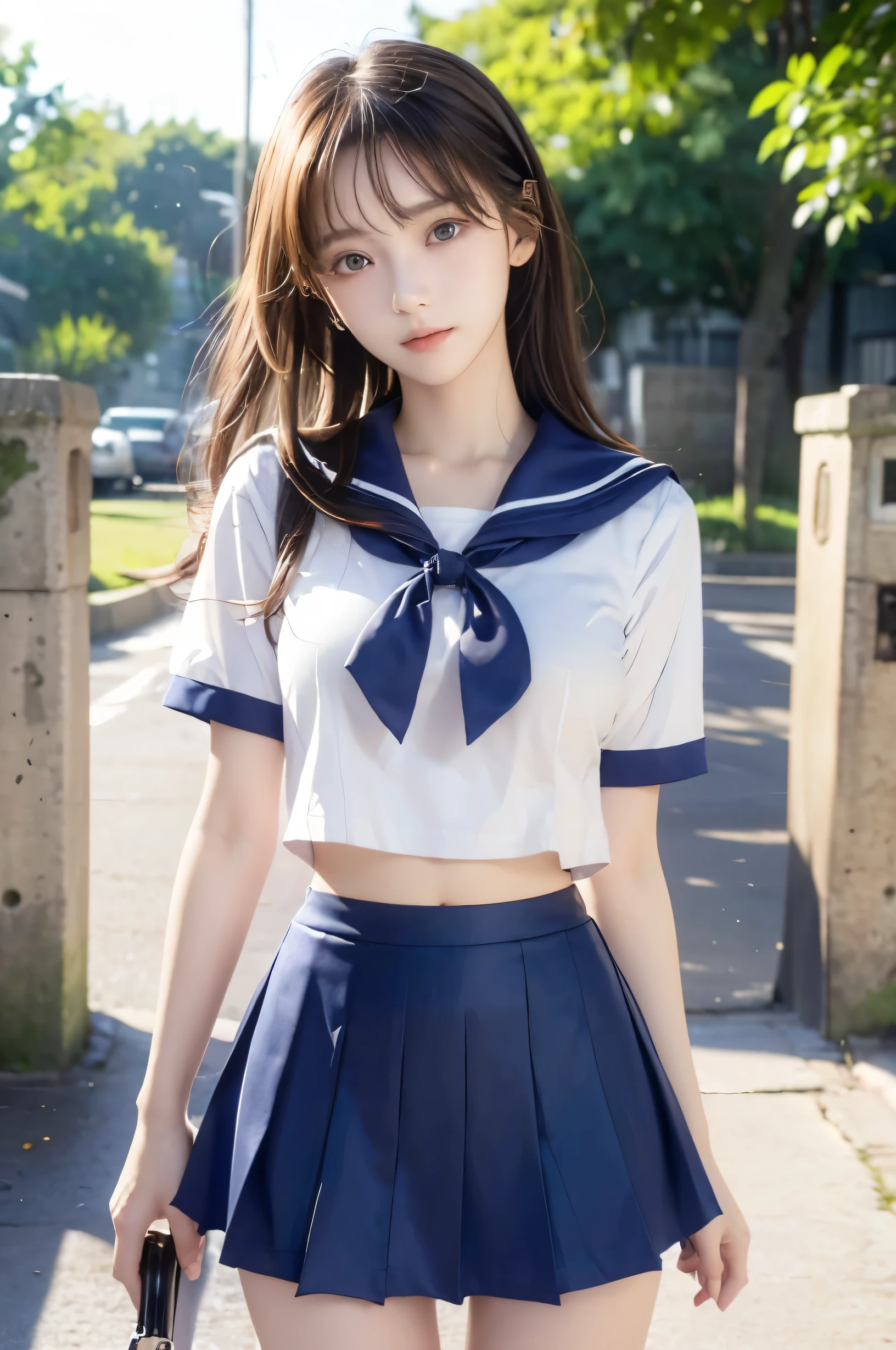 (Ultra HD), (Looking at me), (Short-sleeved sailor uniform, Navy blue mini skirt), Big Breasts, Super beautiful breasts, Slender, (Thin legs:1.2), (Thin thighs:1.2), (Thin Hips:1.4), (Beautiful Skin, Shiny skin, White skin), (Super slim face, Super beautiful face, No makeup, Smile:0.6), (Light Brown, Long Hair, Layered Cut, Fluffy hair), (Big eyes:1.3, High corners of the eyes:1.6, Double eyelids), (Thin eyebrows:0.1), (Small Nose:0.6), (Thin lips:0.6), Beautiful Hands, Empty-handed, Standing, In front of the school gate