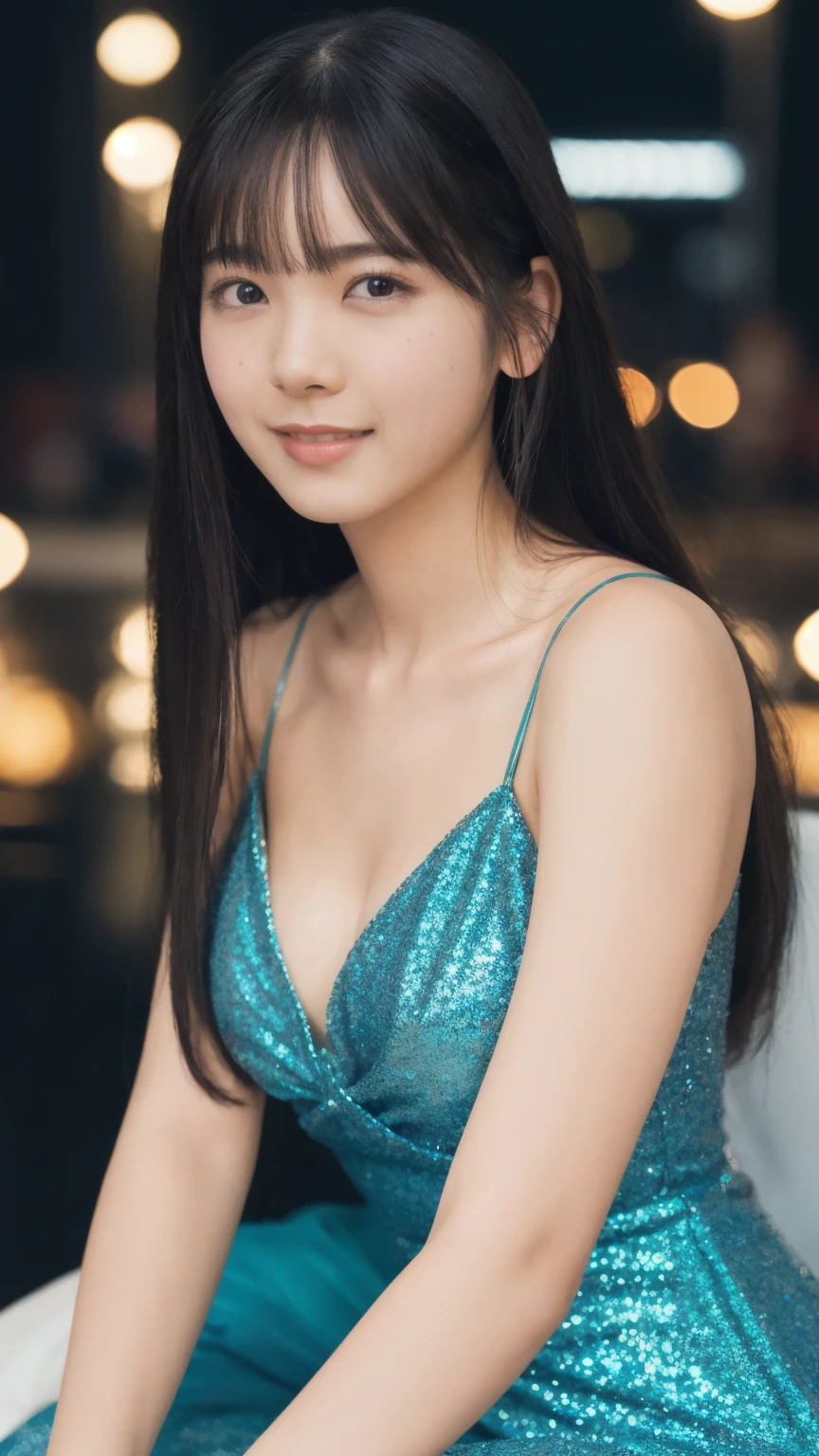 1girl,(wearing a blue glittery evening dress:1.2),(RAW photo, best quality), (realistic, photo-realistic:1.4), masterpiece, an extremely delicate and beautiful, extremely detailed, 2k wallpaper, Amazing, finely detail, extremely detailed CG unity 8k wallpaper, ultra-detailed, highres, soft light, beautiful detailed girl, extremely detailed eyes and face, beautiful detailed nose, beautiful detailed eyes,cinematic lighting,city lights at night,perfect anatomy,slender body,light smile,close up,(long hair with bangs), sitting, full body:1.4.