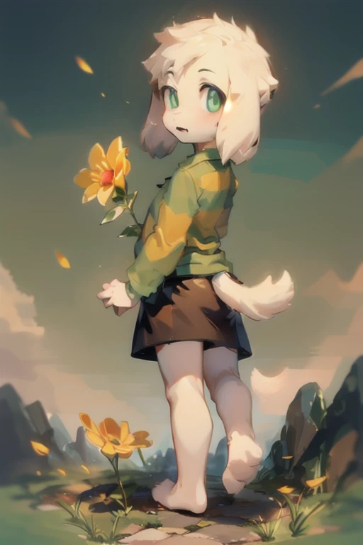 1boy, kid, green eyes, green t-shirt, sky, brown skirt, tail, backview, flower 