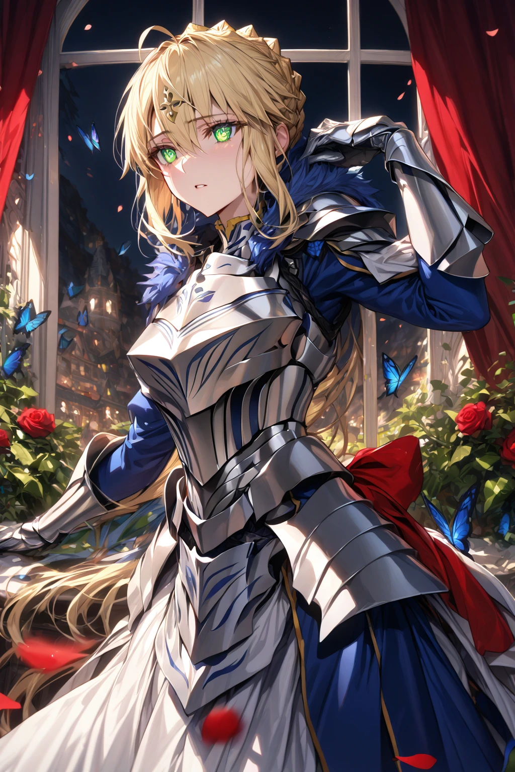 absurdres, highres, ultra detailed, HDR, master piece, Artoria Pendragon, blonde hair, expressive green eyes, woman, best quality, Fate Grand Order, solo, sensual, extremely beautiful, petals, blue clothes, white cape with fur, detailed face, glittering eyes, detailed eyes, window, red roses, silver armor, blue butterflies, silver gloves