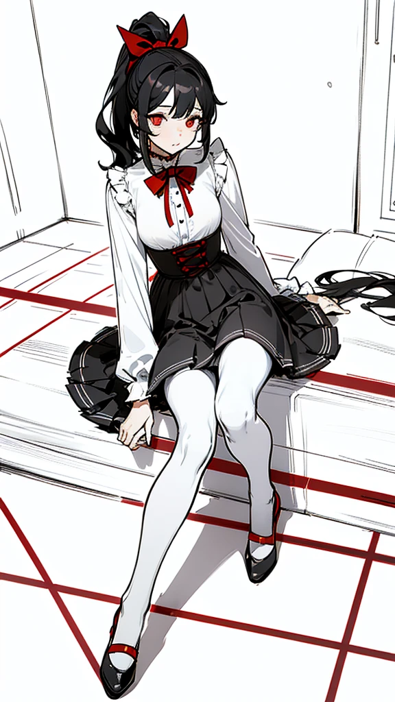 using pantimedies, wavy black hair, piercing look with deep red eyes, average stature, Silky hair with a ponytail hairstyle collected with a red bow with two white lines, with clothes, has a vagina, has breasts, cup of breasts, small breasts, slim, foreground, Session, sitting in her room, sitting on the floor of her room, wearing pantyhose, using pantimedies, Picardias, short skirt, shoes, blouse with straps