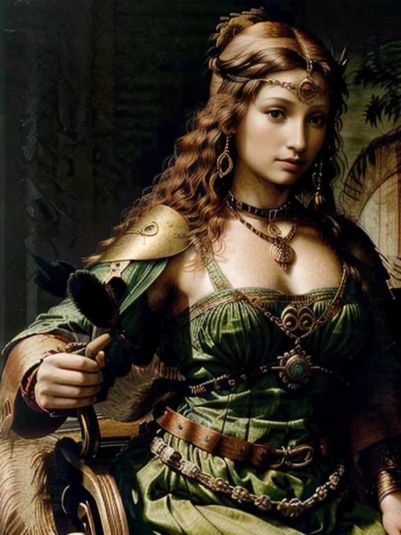 Unpublished paintings by Leonardo da Vinci、Realistic depiction、Detailed description、The background is a battlefield。The model isＢＣIt actually existed in 300、Boudica。She is an intelligent woman with very broad shoulders.、Tall、She had a very beautiful and brave face.。/(Red hair down to her waist、shortage々A sharp voice and a sharp gaze。A painting of a Celtic warrior charging in a chariot/)。For decoration, she always wears a torque and a gold necklace around her neck.、He wore a thick cloak fastened with a colorful tunic brooch.。The decorations were also luxurious, including jewels.。Queen of the Celtic Iceni tribe、Tormenting the Roman Empire。「Battle Queen」を意味したBoudica、((( Boadicea )))