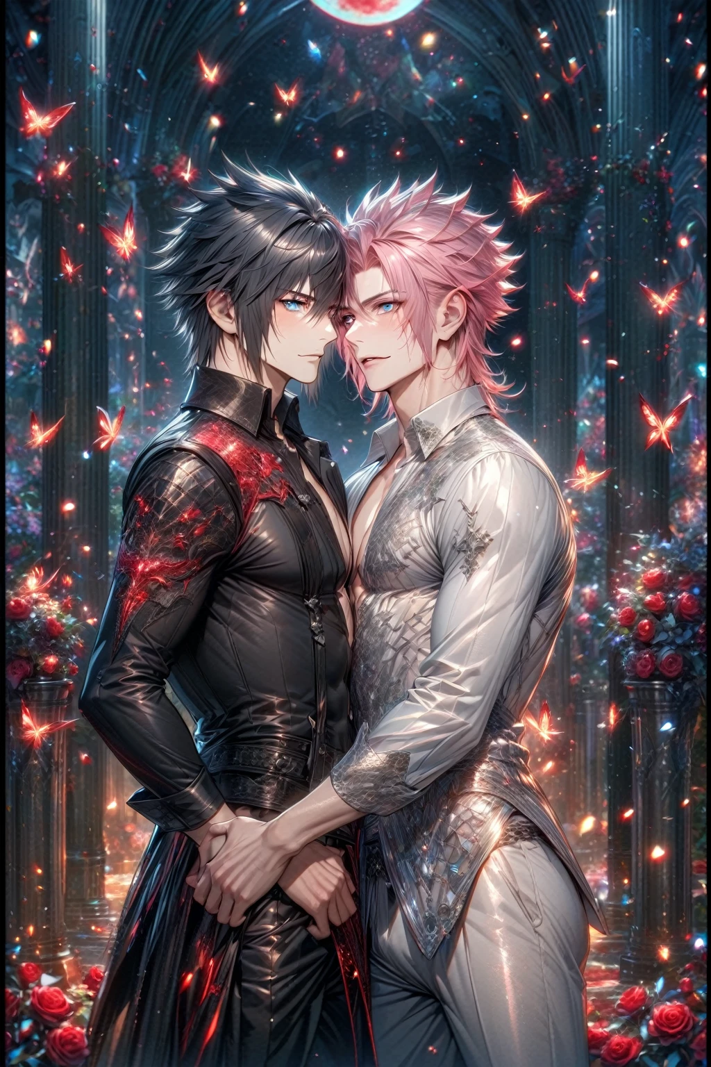absurdres, highres, ultra detailed, HDR, master piece, best quality, Robin, white hair, short hair, hair between the eyes, expressive brown eyes, fire emblem awakening, Lon'qu, black hair, expressive gray eyes, two sexy men together, yaoi, gay couple, handsome, toned chest, black tunic, magical, fantasy, shining, water, pink flowers, pink blossoms, pink butterflies, pink petals