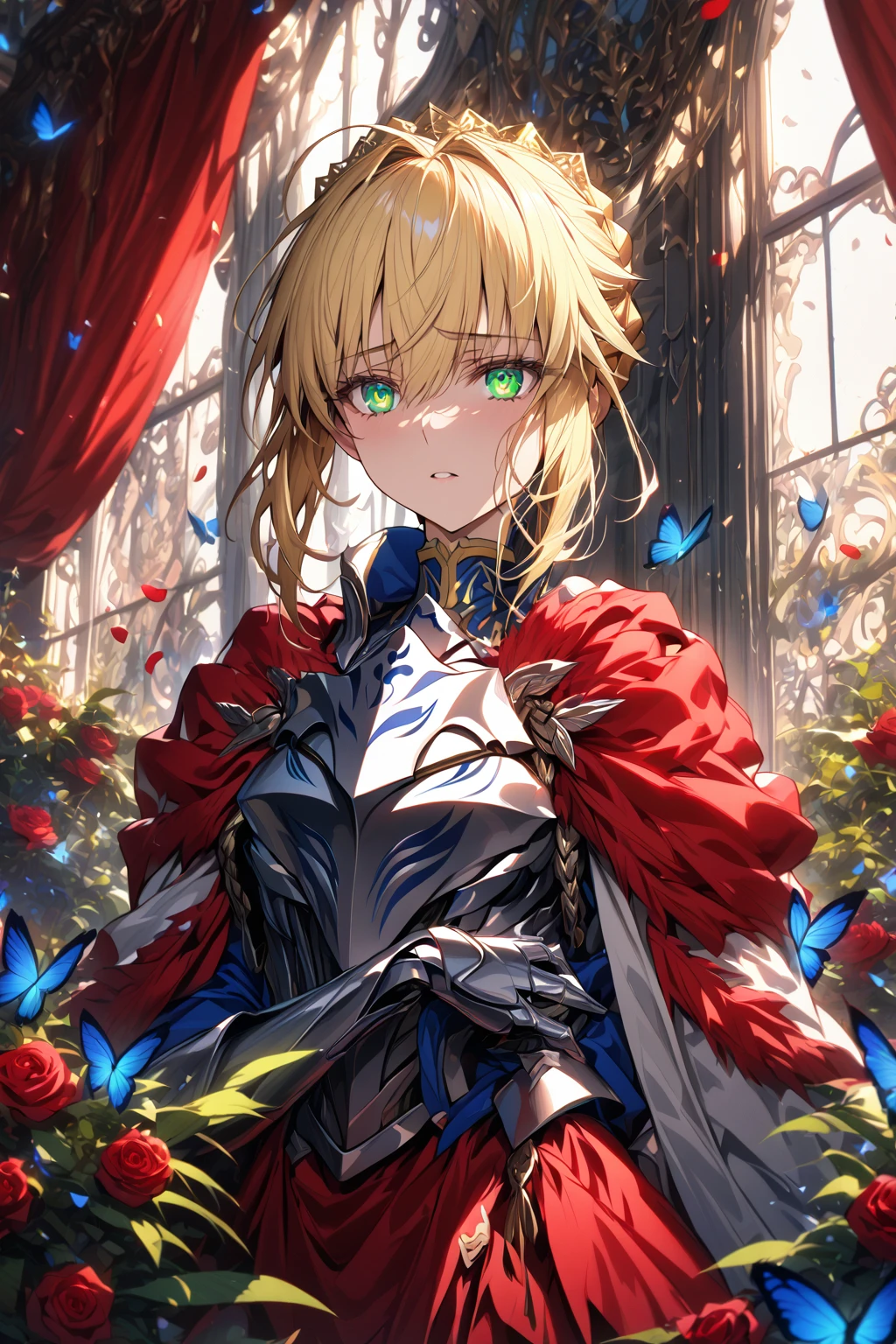 absurdres, highres, ultra detailed, HDR, master piece, Artoria Pendragon, blonde hair, expressive green eyes, woman, best quality, Fate Grand Order, solo, sensual, extremely beautiful, petals, blue clothes, white cape with fur, detailed face, glittering eyes, detailed eyes, window, red roses, silver armor, blue butterflies, silver gloves