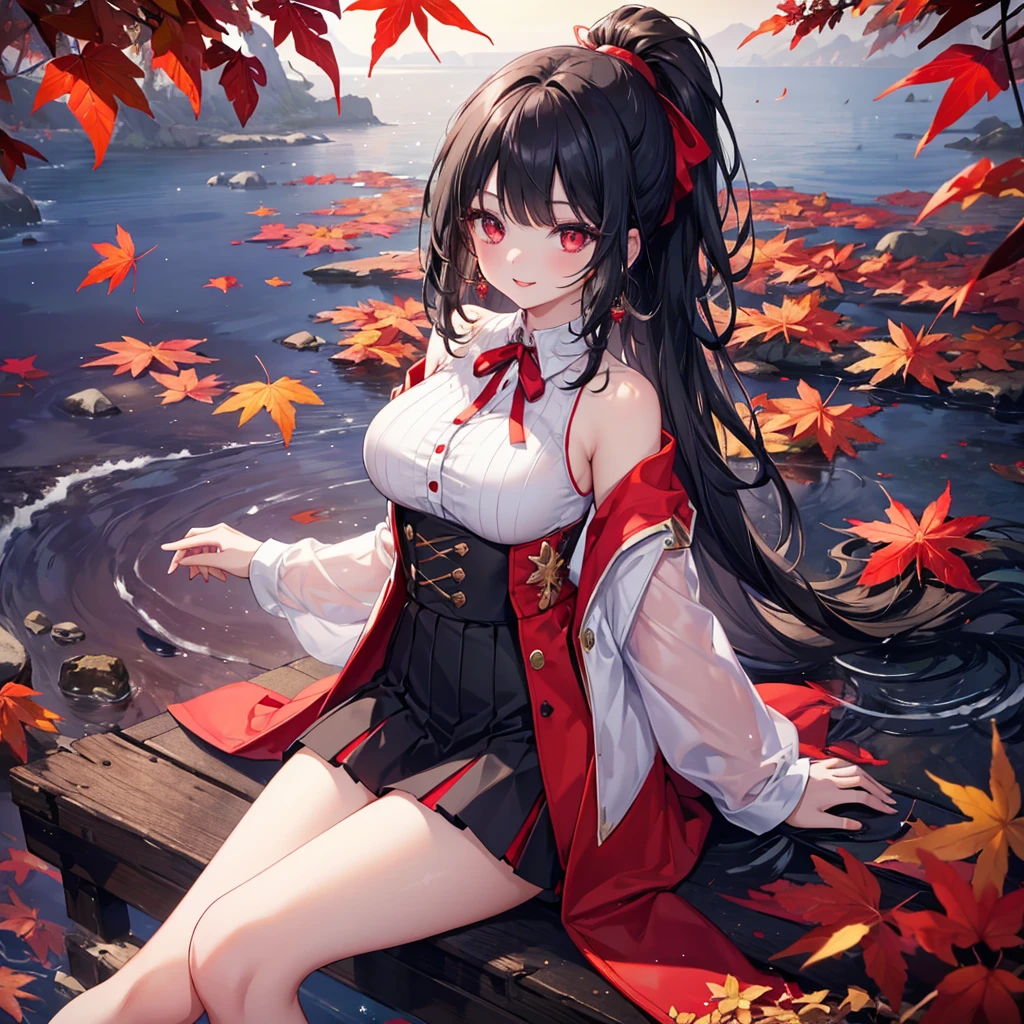 One girl with black hair、Red Eyes、kimono ,、Shoulders are protruding、Sitting、Moon and autumn leaves