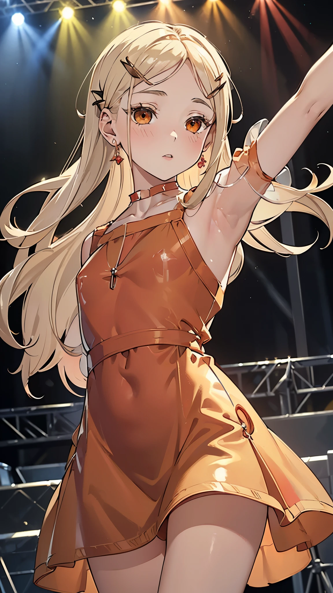 masterpiece, ultra detailed, 8k portrait, RAW photo, portrait photography, Highly detailed face, beautiful and meticulous eyes, (amber color eyes:1.5), (blush:1.5), (tilt one's head:1.5), (armpit:1.5), (singing on stage by the audience:1.5), outdoor, (red puffy sleeve transparent dress:1.7), cute girl, (platinum blond hair:1.5), (platinum blond colored eyelash:1.5), (medium hair:1.0), (parted bangs:1.5), (hairpin1.5), (sleepy face:1.0), (smile:.2), young girl, 1girl, beauty girl, pretty girl, 159cm, 41kg, (skinny:1.5), 