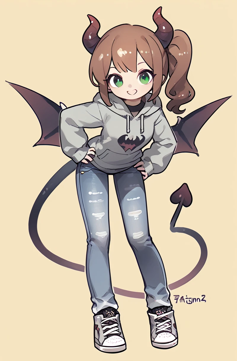 1 girl, full body, brown side ponytail, green eyes, sinister smile, demonic horns, gray hoodie, demonic tail, hands on hips, leaning forward, tights, jeans, sneakers, monochrome background, demonic wings, illustration style, (brown hair)，Bright golden background