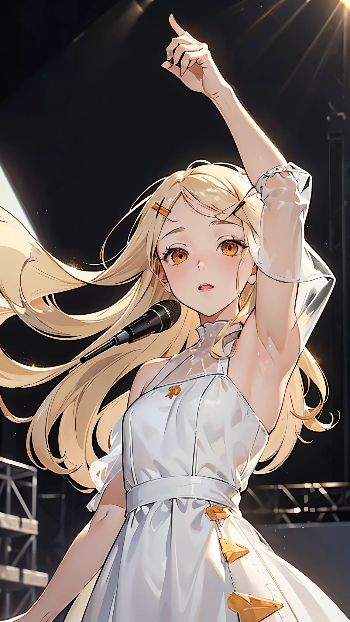 masterpiece, ultra detailed, 8k portrait, RAW photo, portrait photography, Highly detailed face, beautiful and meticulous eyes, (amber color eyes:1.5), (blush:1.5), (tilt one's head:1.5), (armpit:1.5), (singing on stage by the audience:1.5), outdoor, (white puffy sleeve transparent dress:1.7), cute girl, (platinum blond hair:1.5), (platinum blond colored eyelash:1.5), (medium hair:1.0), (parted bangs:1.5), (hairpin1.5), (sleepy face:1.0), (smile:.2), young girl, 1girl, beauty girl, pretty girl, 159cm, 41kg, (skinny:1.5),