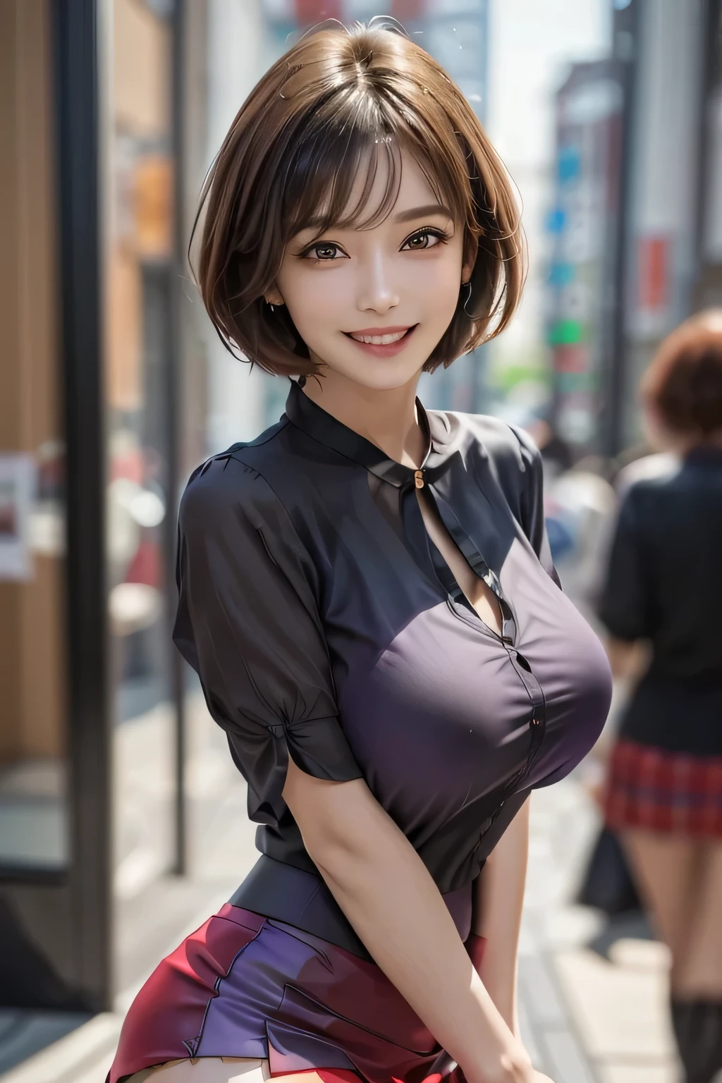 (1. The ultimate beauty), Very detailed face, Beautiful brown eyes, Double eyelids, eyelash, Grin. Slightly thick detailed lip, Black short hair, (Light purple blouse:1.2), (Red tight mini skirt:1.4), (Huge breasts), A kind smile, Thighs, Perfect lighting, (Realistic:1.4), (Very detailed), (Best Quality), (Best Shadow), (masterpiece), Ultra-high resolution, With background: ((Ginza Art Gallery, Tokyo))