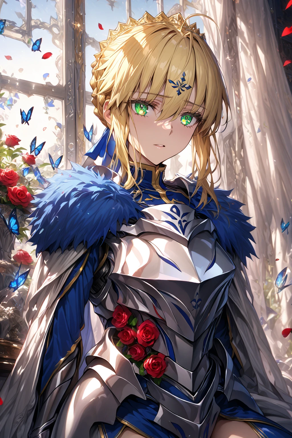 absurdres, highres, ultra detailed, HDR, master piece, Artoria Pendragon, blonde hair, expressive green eyes, woman sitting, best quality, Fate Grand Order, solo, sensual, extremely beautiful, petals, blue clothes, white cape with fur, detailed face, glittering eyes, detailed eyes, window, red roses, silver armor, blue butterflies, silver gloves, white curtains