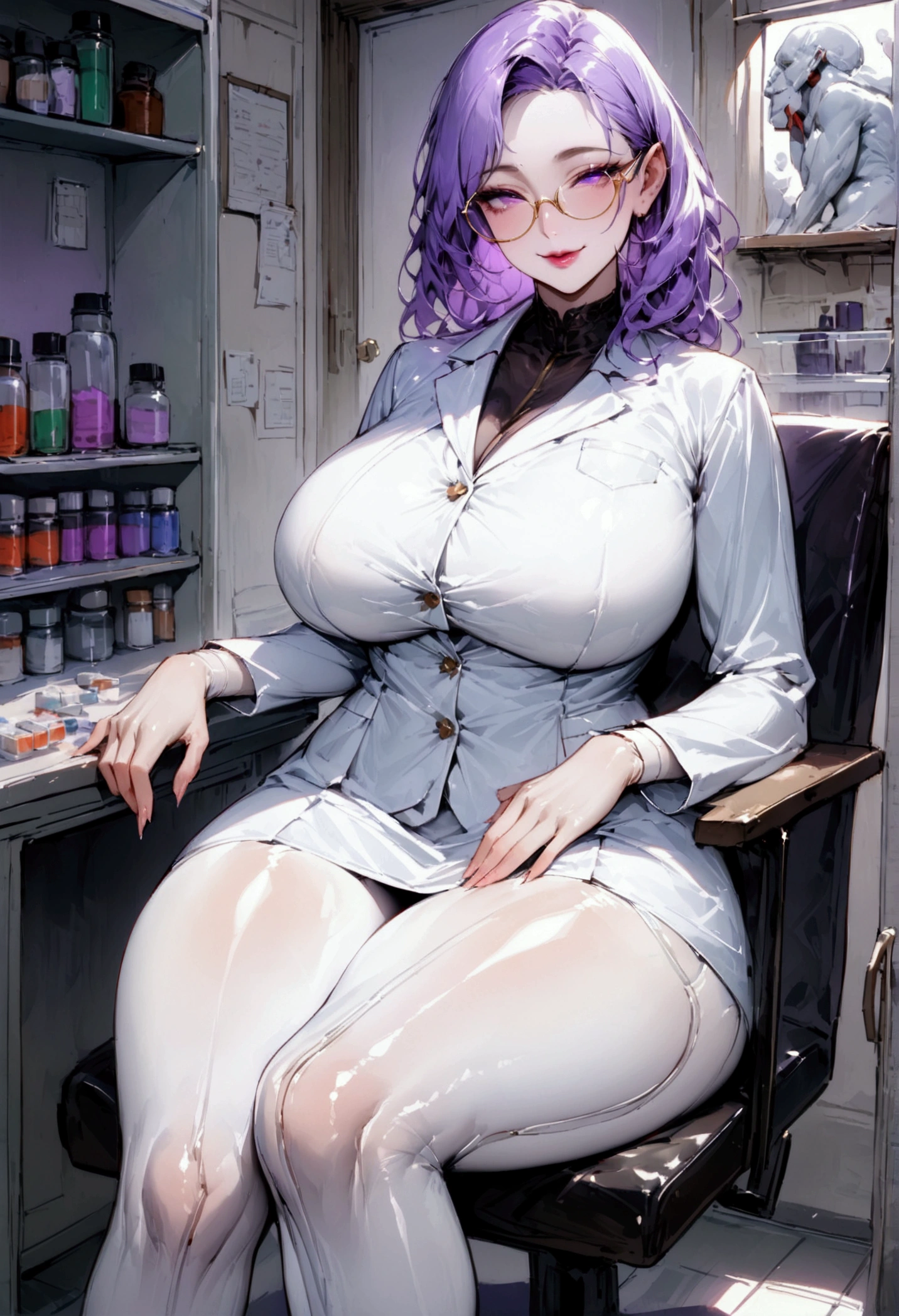 Mature beautiful woman,(Best Quality,Extremely detailed depiction,Incredibly absurd high definition,Anatomically accurate,Curvy Legs,Shiny skin,Porcelain-like skin),(Female doctor:1.3),(White:1.3,White tights),eyelash,(Purple Eyes,Half-closed eyes:1.5,Large Breasts,Bewitching Smile,Glossy lips,During examination,Mouth open,Glasses,Sitting),whole body,Examination room,Medicines,Healthy painting,