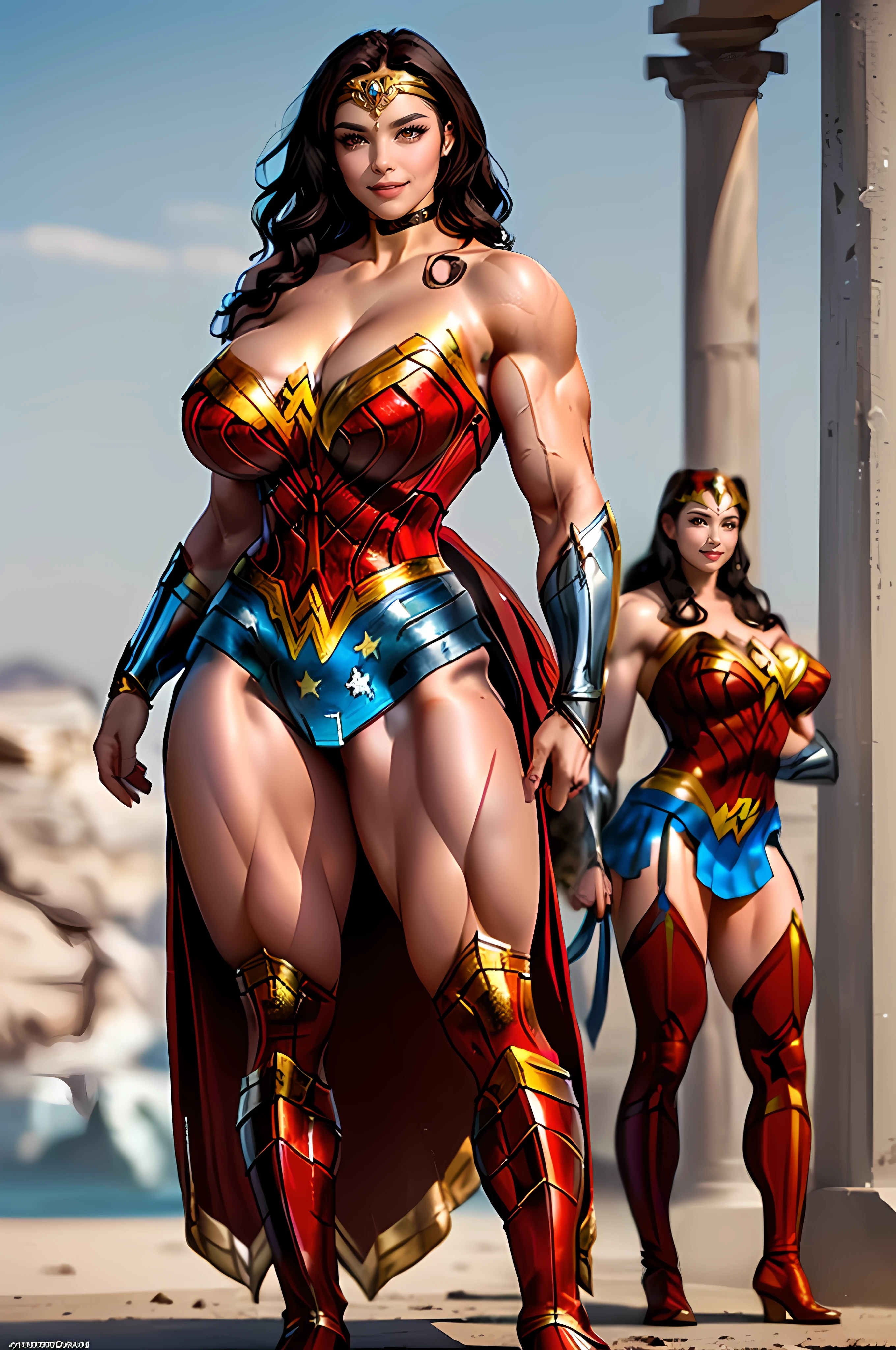 (masterpiece, best quality), ((full body)), ((((Massive, tall, beautiful, buff, brown skinned muscular woman with black hair, ginormous bulky muscles and wearing an EROTIC Wonder Woman suit)))), (((huge breasts:1.5))), (straight long hair), superhero gauntlets, choker, ((in the mount Olympus)), superhero boots, night,