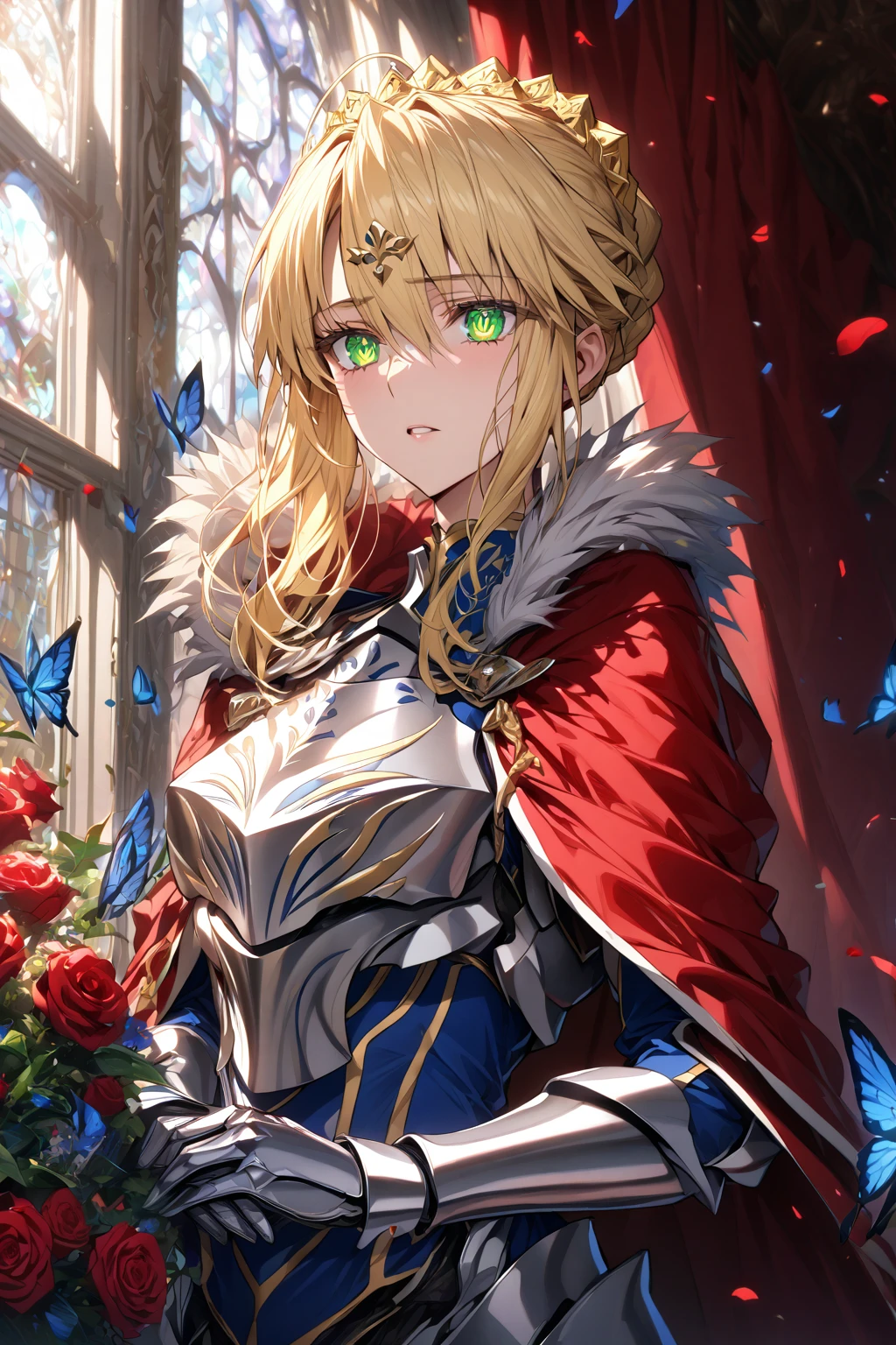 absurdres, highres, ultra detailed, HDR, master piece, Artoria Pendragon, blonde hair, expressive green eyes, woman, best quality, Fate Grand Order, solo, sensual, extremely beautiful, petals, blue clothes, white cape with fur, detailed face, glittering eyes, detailed eyes, window, red roses, silver armor, blue butterflies, silver gloves