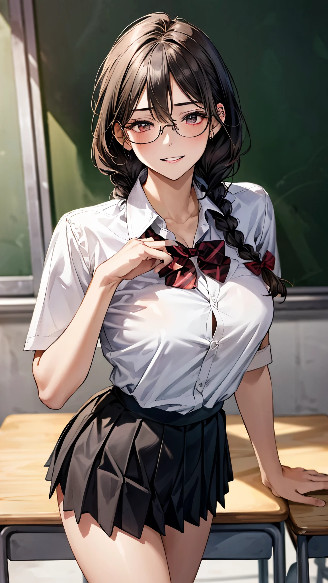 ponytail,(Cleavage), ((((((teacher, adult woman)))))), (((solo))), brown hair, suit, shirt, (((look down))), angry, ((whip)), skirt,
