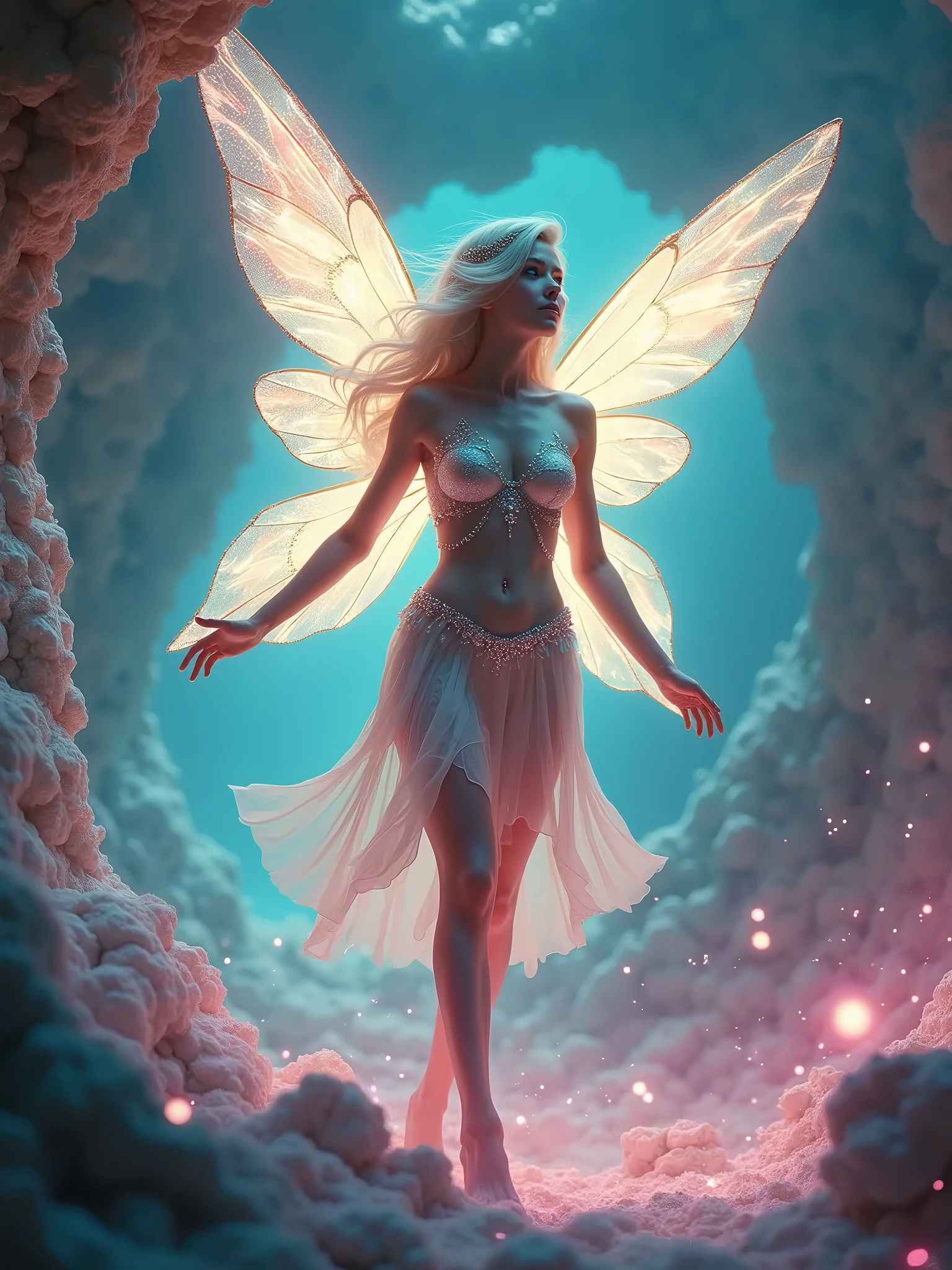 Korean purple hair butterfly woman with headphone and transparent cosmic dust suit and white hair white woman flying over satellites in galaxy space