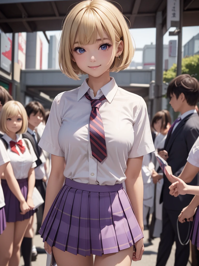 8k, Best Quality, The real picture, Intricate details, Very detailed, Ultra-high resolution, Depth Field, (Realistic,Realistic:1.2), Tabletop, Full Body Shot, 1 girl, eye_Chan, so beautiful, innocent big eyes, Beautiful breasts:1.5, 非常に詳細なeye:1.2), (Beautiful breasts:1.1), ((Blonde)), (Short Bob Hair), (Asymmetrical bangs), Perfect Skin, Fair skin, Small breasts, Tight waist, Alone, Staring at the audience, (smile), ((School_Uniform), (White shirt, Wear a tie), (Red and purple checkered pleated micro mini skirt), (Standing in the crowds of Tokyo)