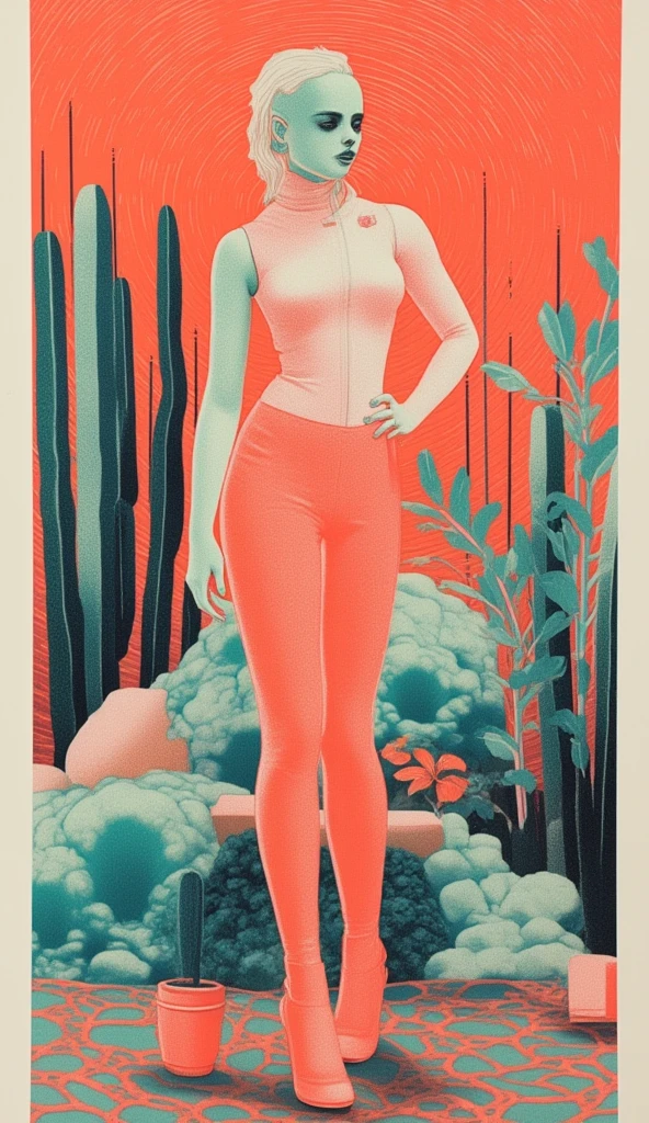 risograph, 1960s beautiful busty fashion model in Palm Springs, mid century modern photography, avant-garde filmmaking, futuristic fashion with Italian and Scandinavian design, high society elegance, and alien allure. Retro-futuristic vibes, vintage spacesuits, creative lighting, and perfect composition, captured through a vintage Hasselblad, evoking timeless high art and New York fashion influence