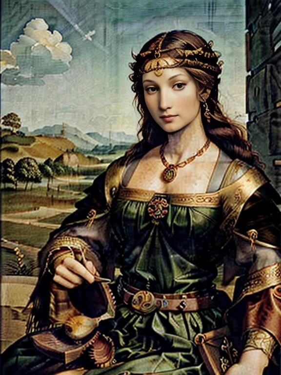 Unpublished paintings by Leonardo da Vinci、Realistic depiction、Detailed description、The background is a battlefield。The model isＢＣIt actually existed in 300、Boudica。She is an intelligent woman with very broad shoulders.、Tall、She had a very beautiful and brave face.。/(Red hair down to her waist、shortage々A sharp voice and a sharp gaze。A painting of a Celtic warrior charging in a chariot/)。For decoration, she always wears a torque and a gold necklace around her neck.、He wore a thick cloak fastened with a colorful tunic brooch.。The decorations were also luxurious, including jewels.。Queen of the Celtic Iceni tribe、Tormenting the Roman Empire。「Battle Queen」を意味したBoudica、((( Boadicea )))