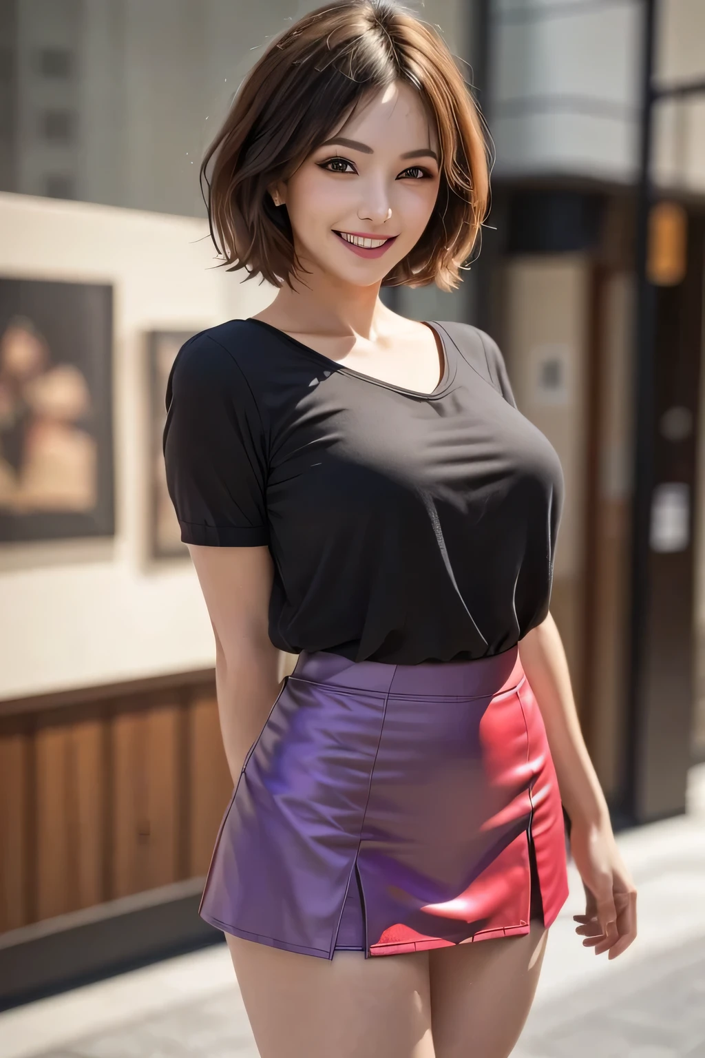 (1. The ultimate beauty), Very detailed face, Beautiful brown eyes, Double eyelids, eyelash, Grin. Slightly thick detailed lip, Black short hair, (Light purple blouse:1.2), (Red tight mini skirt:1.4), (Huge breasts), A kind smile, Thighs, Perfect lighting, (Realistic:1.4), (Very detailed), (Best Quality), (Best Shadow), (masterpiece), Ultra-high resolution, With background: ((Ginza Art Gallery, Tokyo))