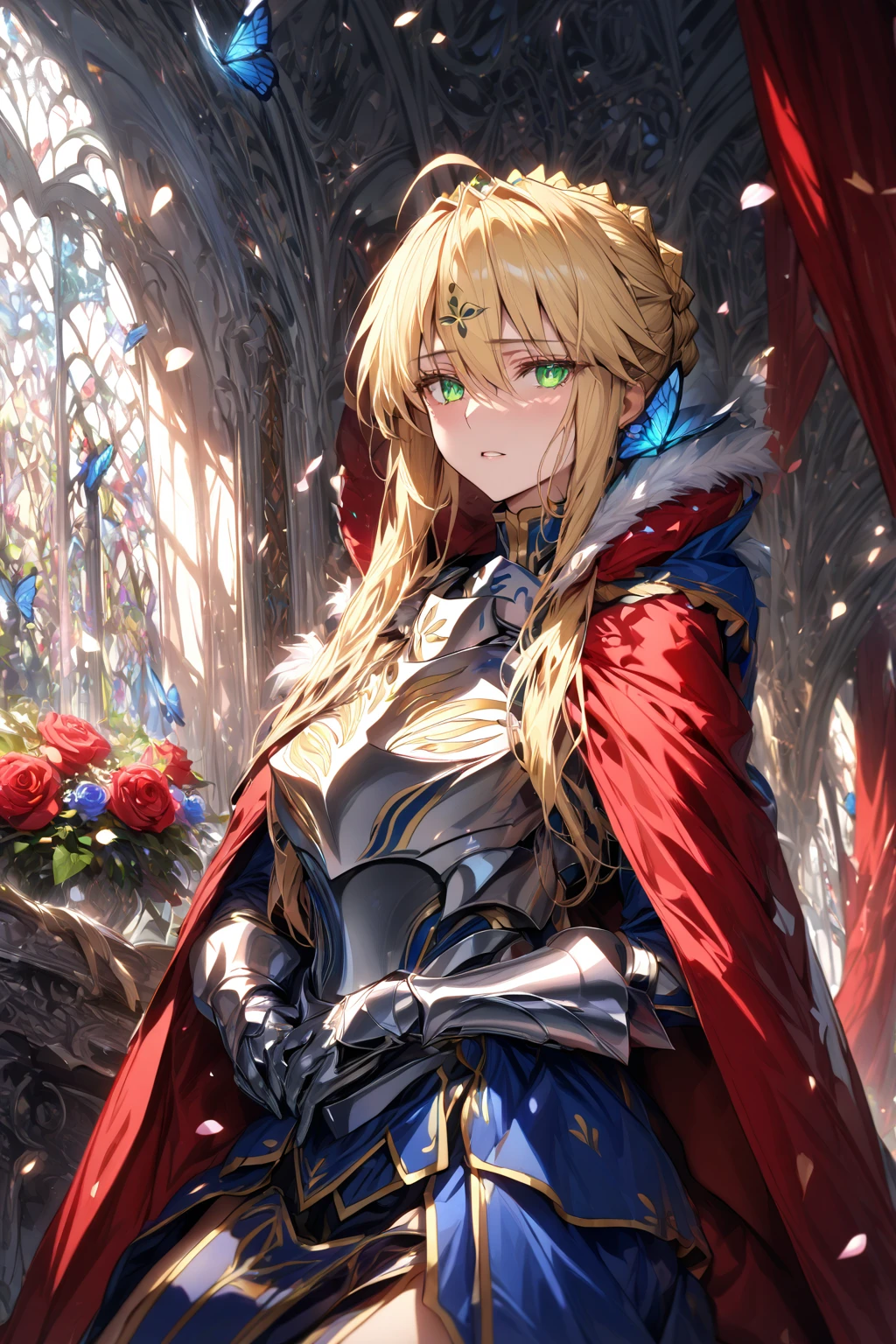 absurdres, highres, ultra detailed, HDR, master piece, Artoria Pendragon, blonde hair, expressive green eyes, woman sitting, best quality, Fate Grand Order, solo, sensual, extremely beautiful, petals, blue clothes, white cape with fur, detailed face, glittering eyes, detailed eyes, window, red roses, silver armor, blue butterflies, silver gloves