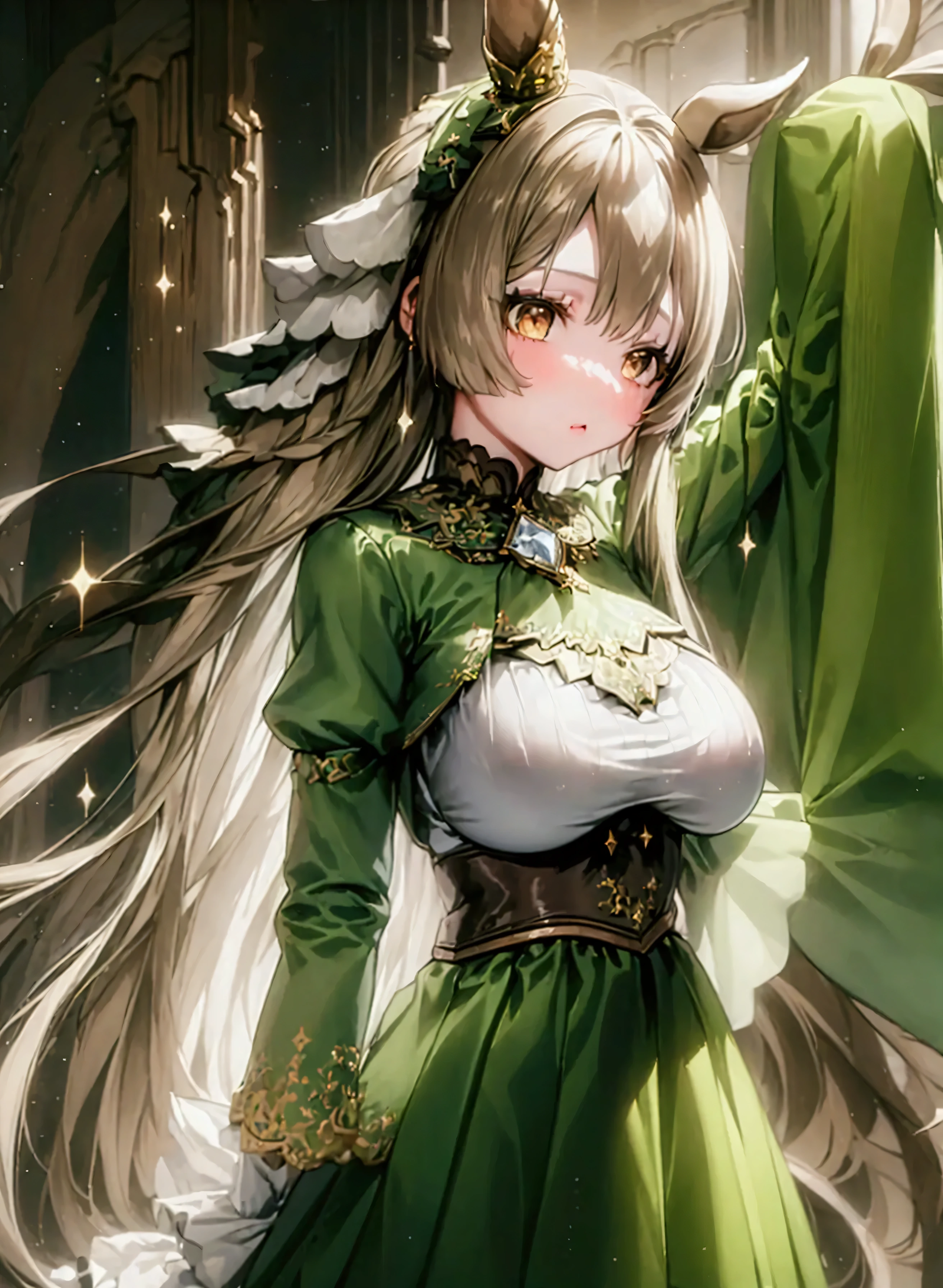 (Super detailed), masterpiece, (Best Quality), Realistic,　detailed eyes, Detailed face, Fine hair, Sparkle, Horse Girl_Satono Diamond　One Girl, Long Hair, Half Up, Braiding, Animal ears, earrings, Horse tail　Long sleeve, White shirt, Black Ascot, Green Dress, (Sleeves are longer than the wrist:1.2), Black knee-highs　Brown eyes, wind, Depth of written boundary, Shining Eyes，(Huge breasts)　Standing posture　View here　Lift up the skirt　Visible underwear　Composition looking up from below